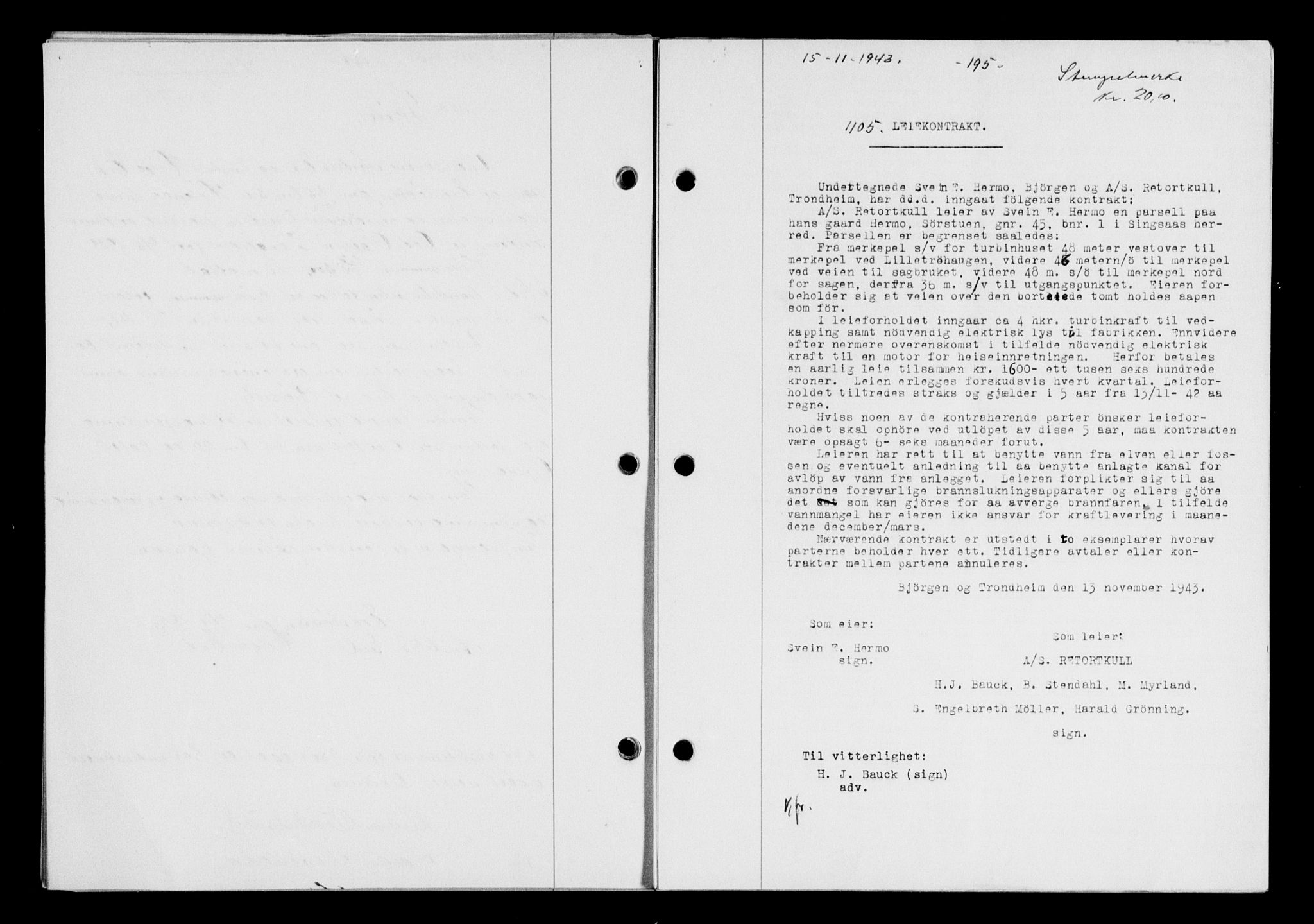 Gauldal sorenskriveri, SAT/A-0014/1/2/2C/L0057: Pantebok nr. 62, 1943-1944, Dagboknr: 1105/1943