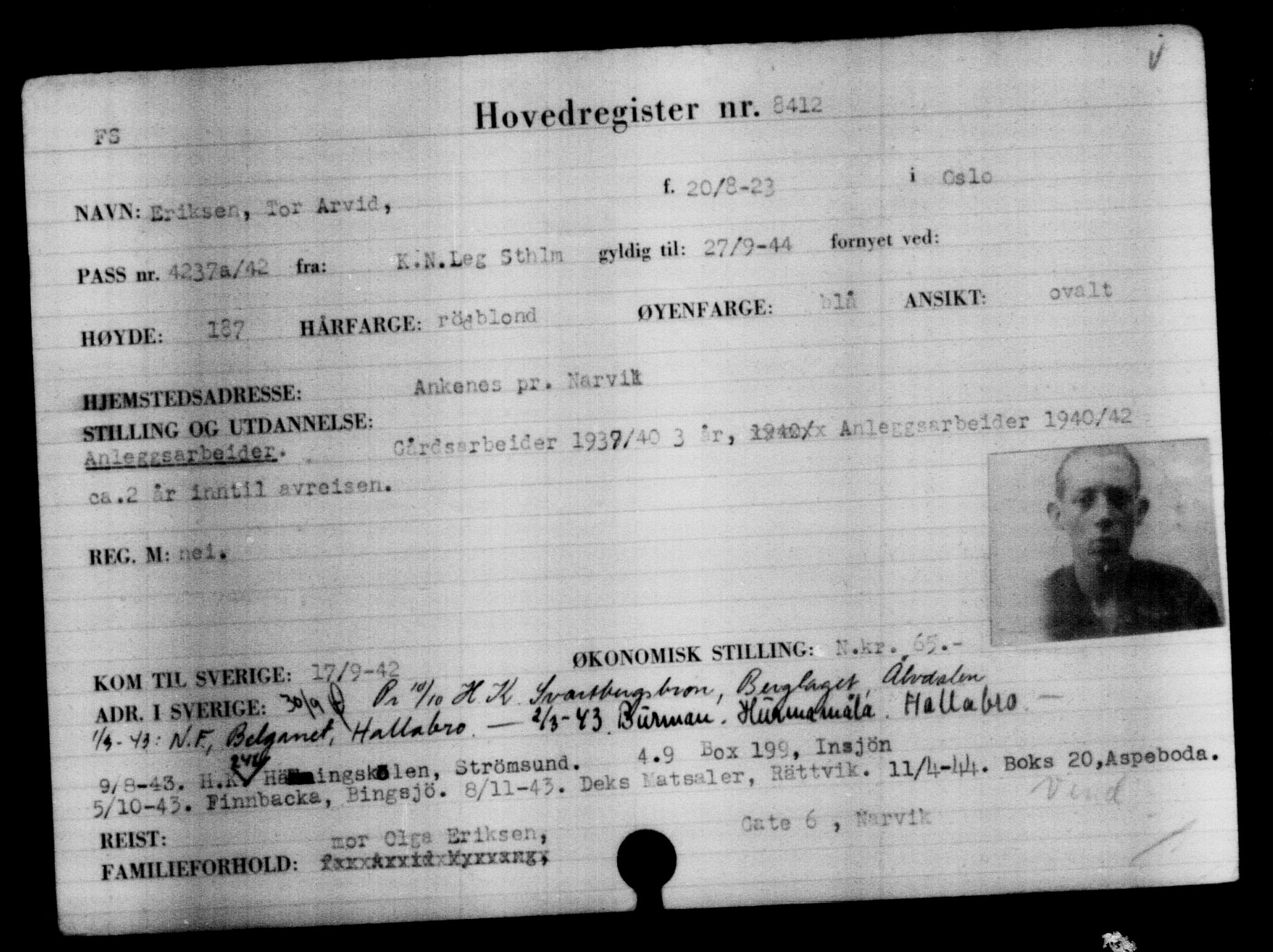 Utenriksstasjonene, Legasjonen i Stockholm, Flyktningkontoret, AV/RA-S-6753/V/Va/L0005: Kjesäterkartoteket, flyktninger med registreringsnr. 6600-9417, 1940-1945, s. 2108