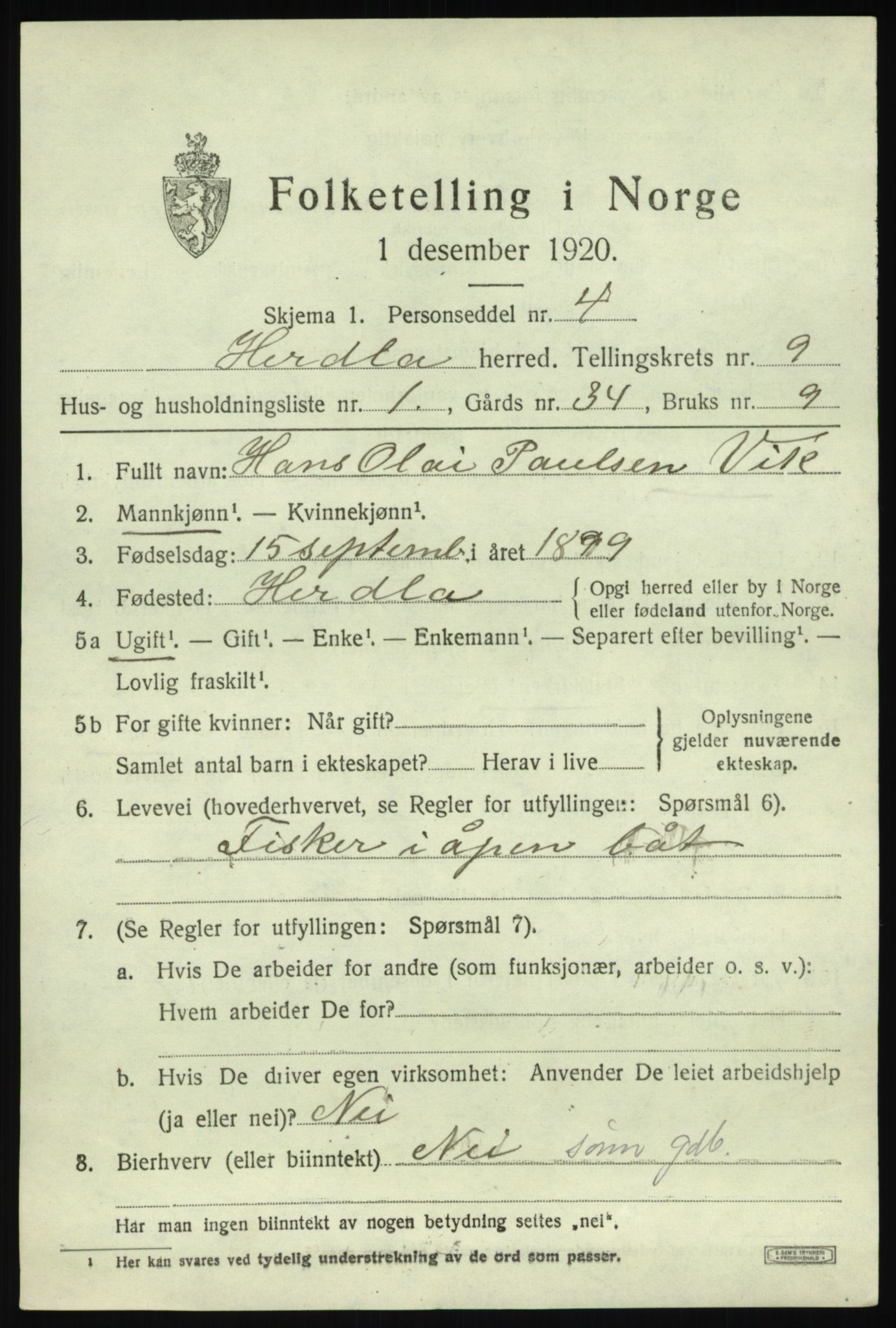 SAB, Folketelling 1920 for 1258 Herdla herred, 1920, s. 6301
