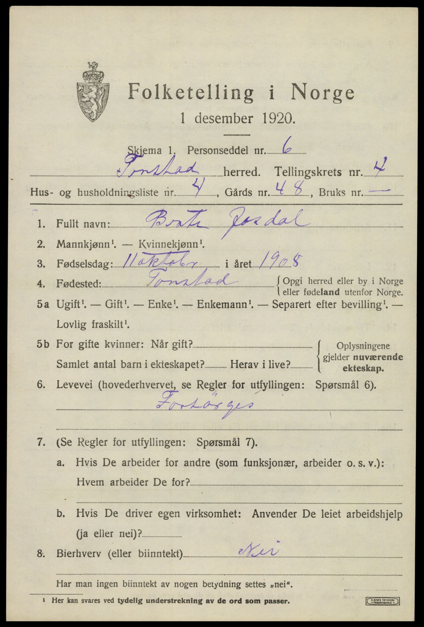 SAK, Folketelling 1920 for 1046 Tonstad herred, 1920, s. 1324