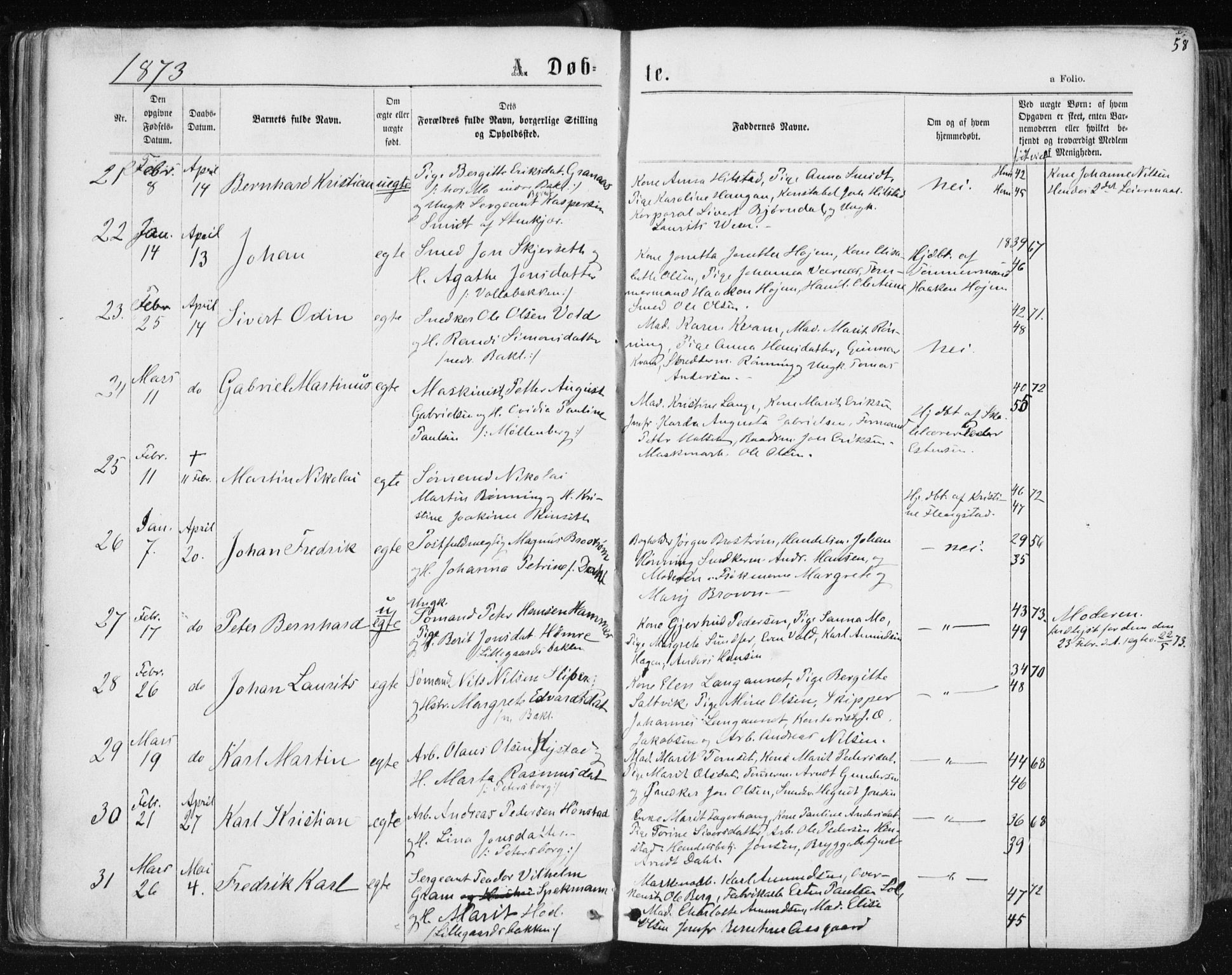 Ministerialprotokoller, klokkerbøker og fødselsregistre - Sør-Trøndelag, SAT/A-1456/604/L0186: Ministerialbok nr. 604A07, 1866-1877, s. 58