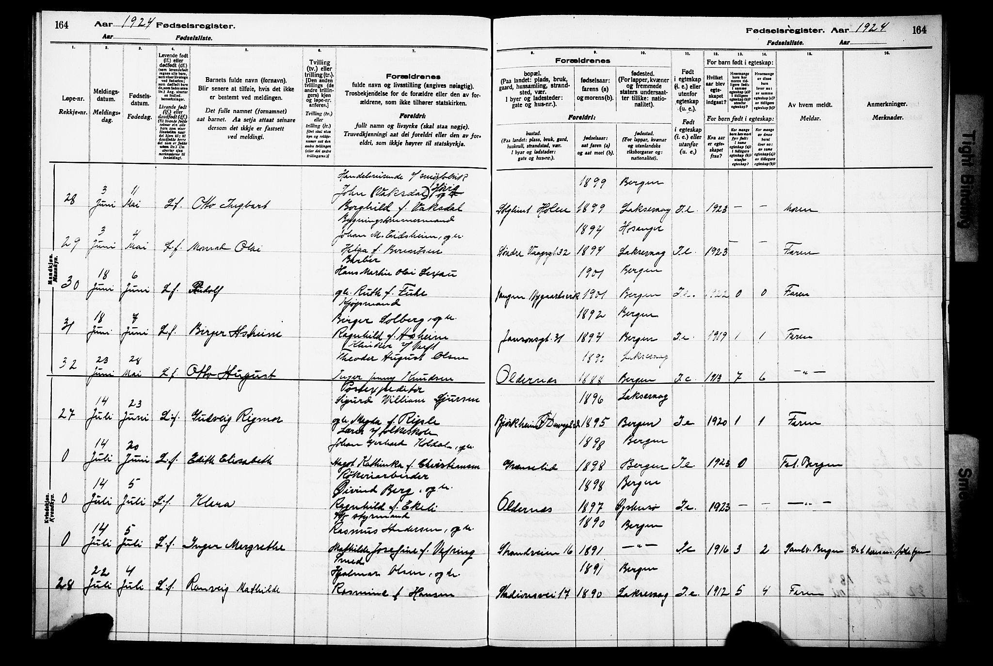 Laksevåg Sokneprestembete, AV/SAB-A-76501/I/Id/L00A1: Fødselsregister nr. A 1, 1916-1926, s. 164