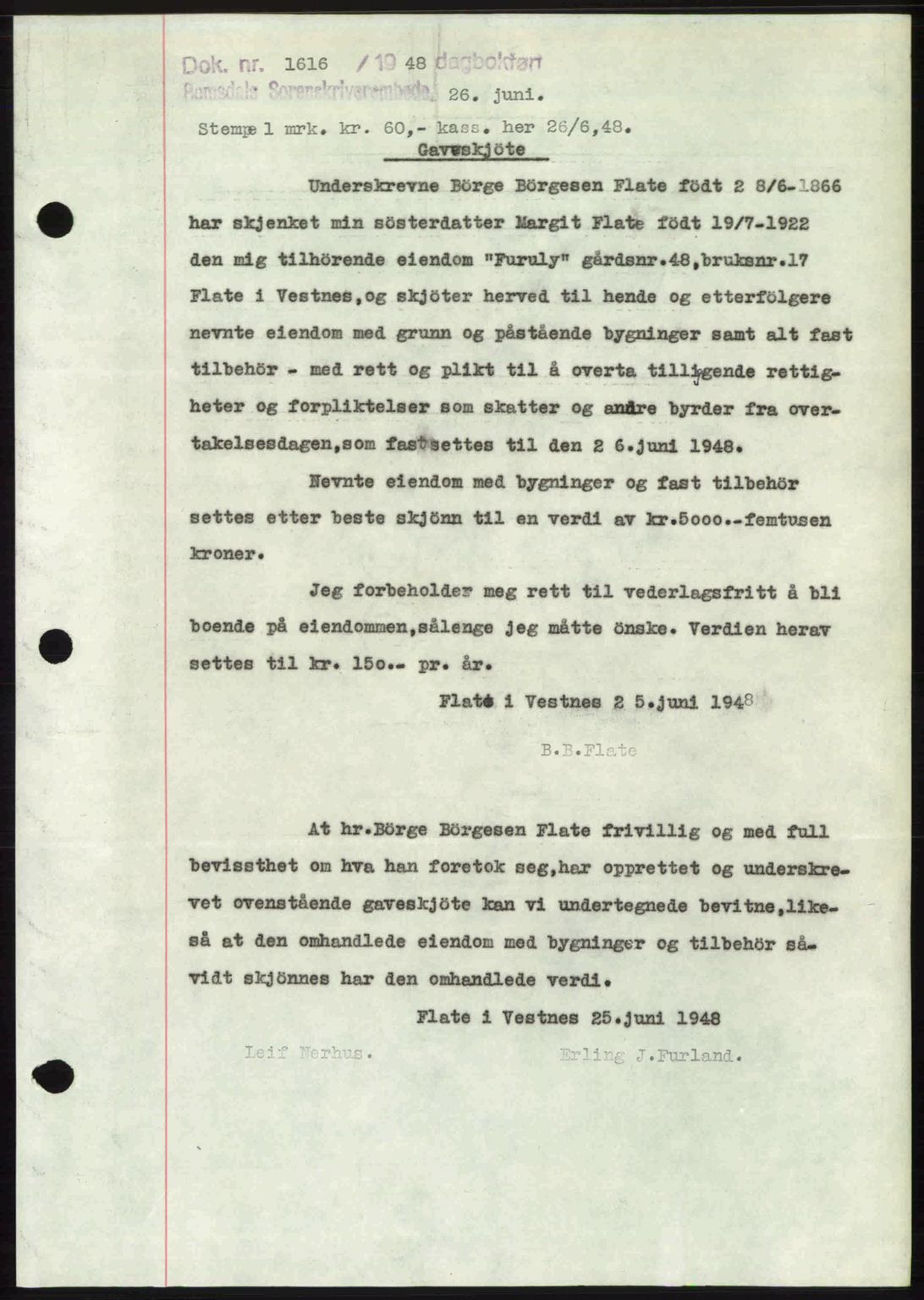 Romsdal sorenskriveri, SAT/A-4149/1/2/2C: Pantebok nr. A26, 1948-1948, Dagboknr: 1616/1948