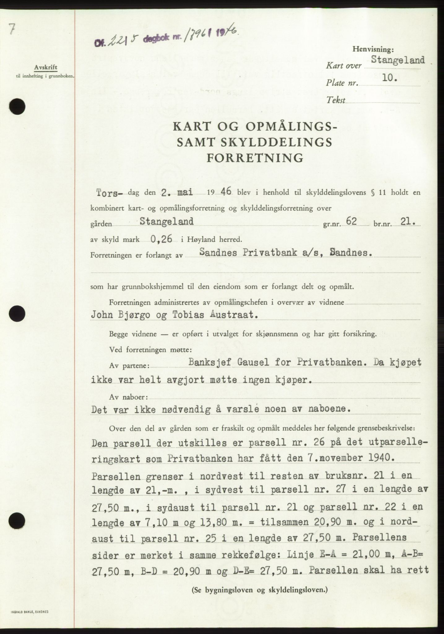Jæren sorenskriveri, SAST/A-100310/03/G/Gba/L0090: Pantebok, 1946-1946, Dagboknr: 1796/1946