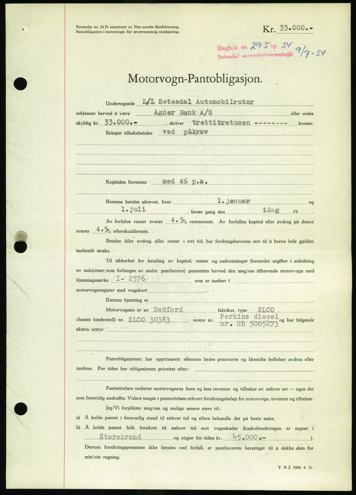 Setesdal sorenskriveri, SAK/1221-0011/G/Gb/L0052: Pantebok nr. B 40, 1954-1955, Dagboknr: 295/1954