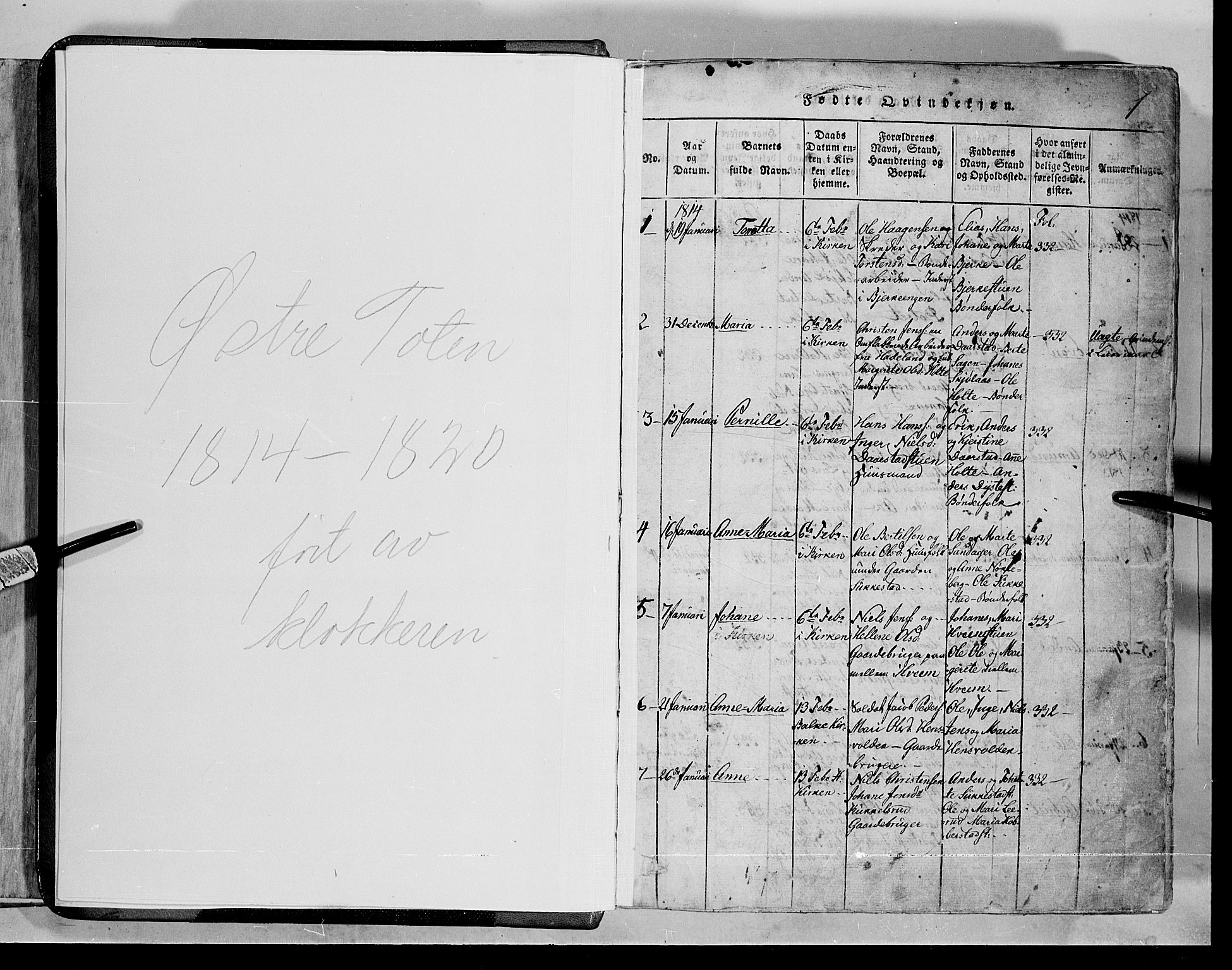 Toten prestekontor, AV/SAH-PREST-102/H/Ha/Hab/L0001: Klokkerbok nr. 1, 1814-1820, s. 1