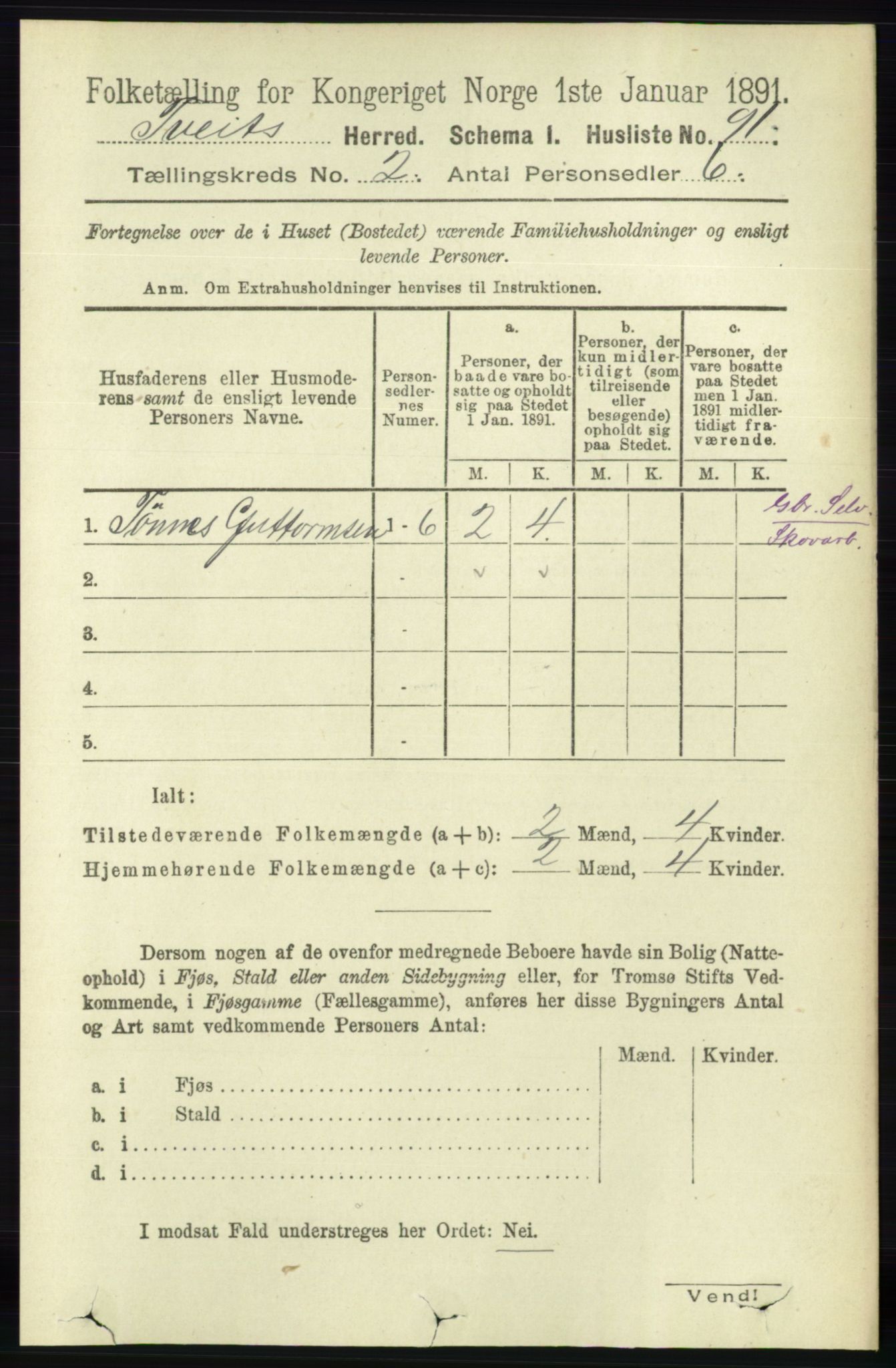 RA, Folketelling 1891 for 1013 Tveit herred, 1891, s. 509