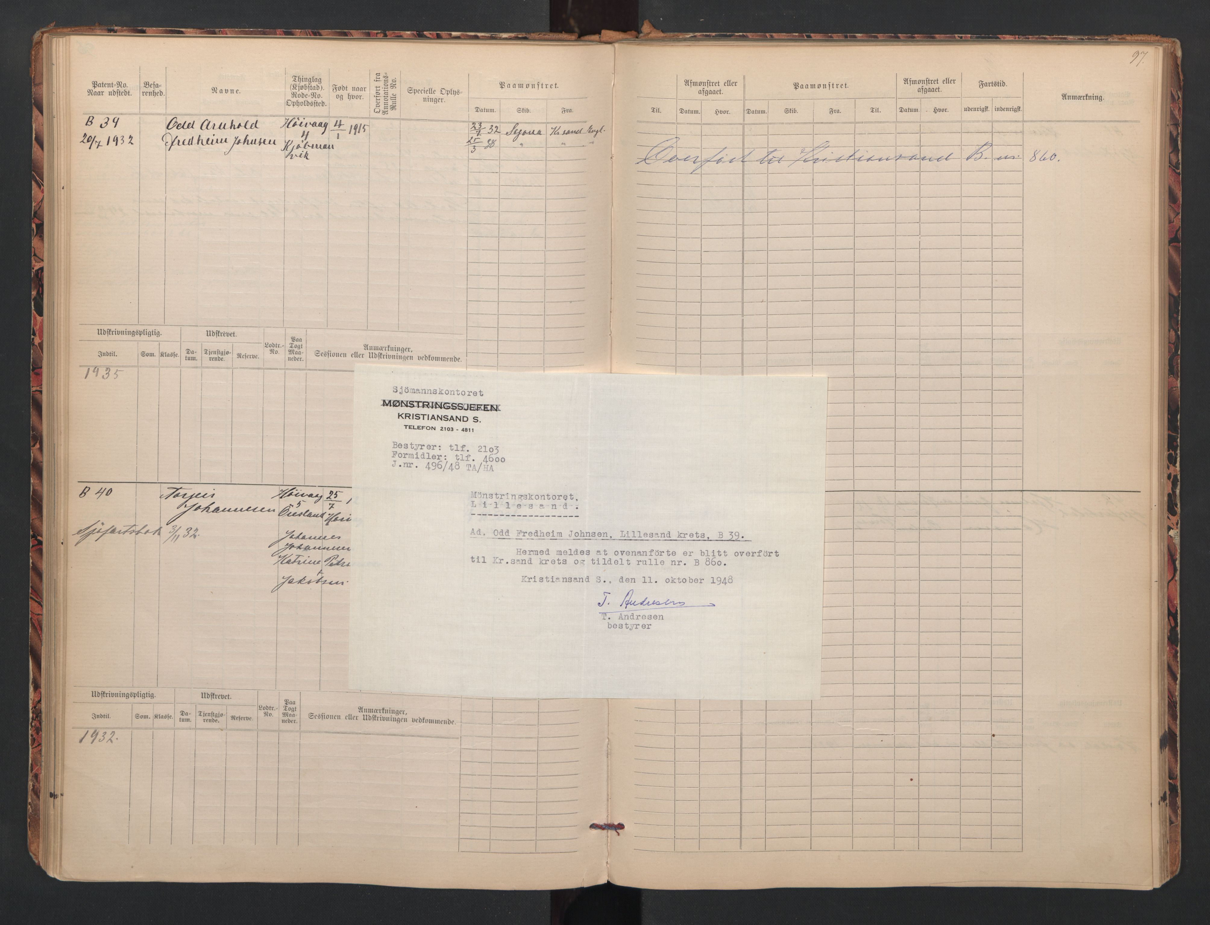 Lillesand mønstringskrets, SAK/2031-0014/F/Fb/L0008: Hovedrulle B nr 1-131 med register, W-17, 1885-1948, s. 50