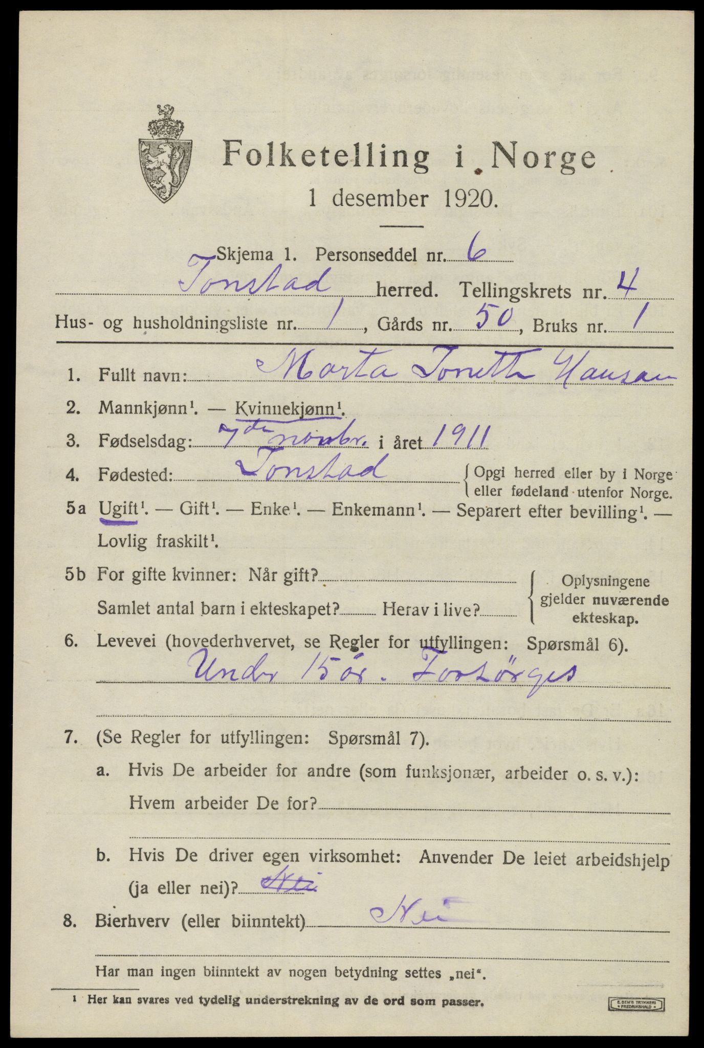 SAK, Folketelling 1920 for 1046 Tonstad herred, 1920, s. 1298