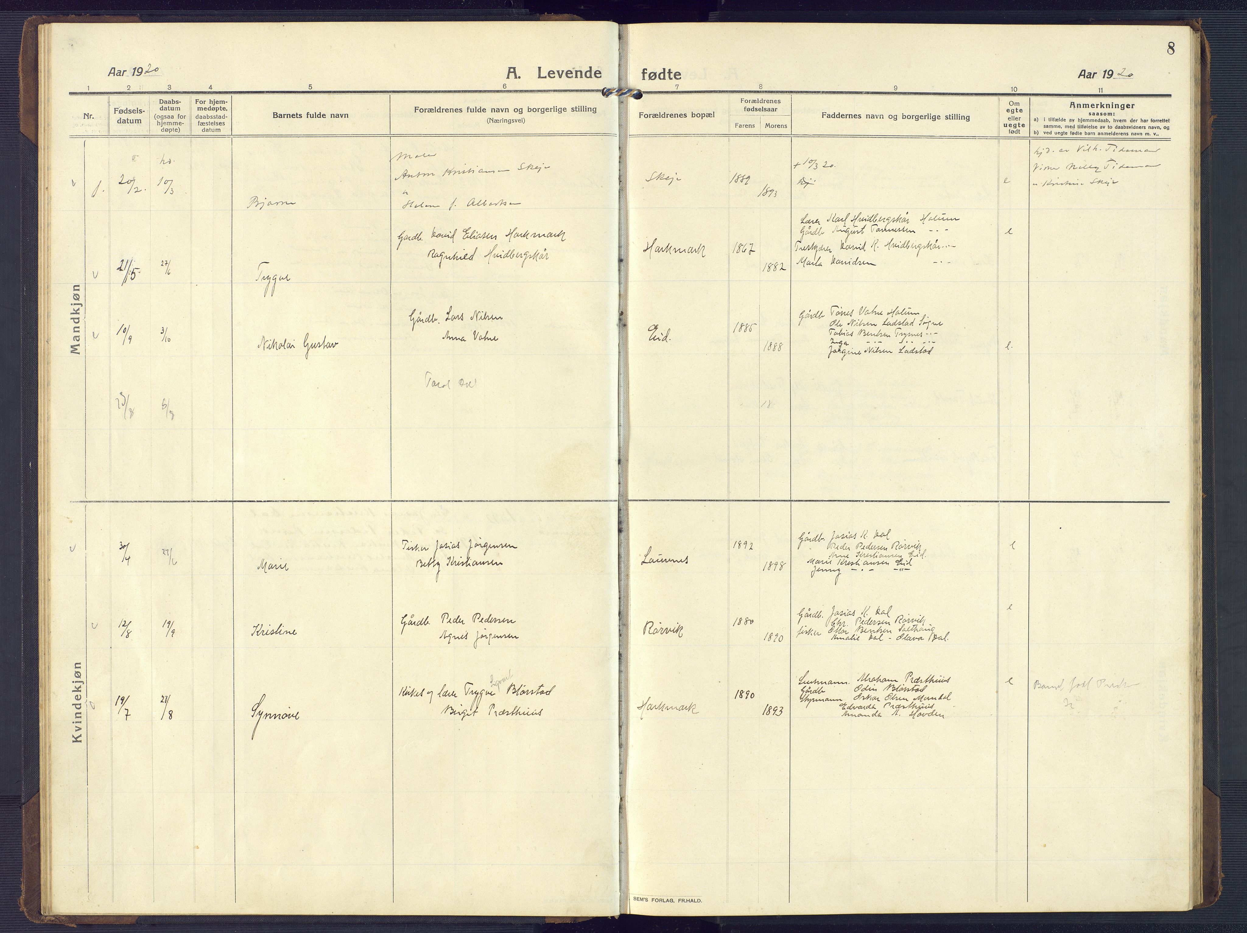 Mandal sokneprestkontor, AV/SAK-1111-0030/F/Fb/Fbb/L0005: Klokkerbok nr. B 5, 1913-1957, s. 8