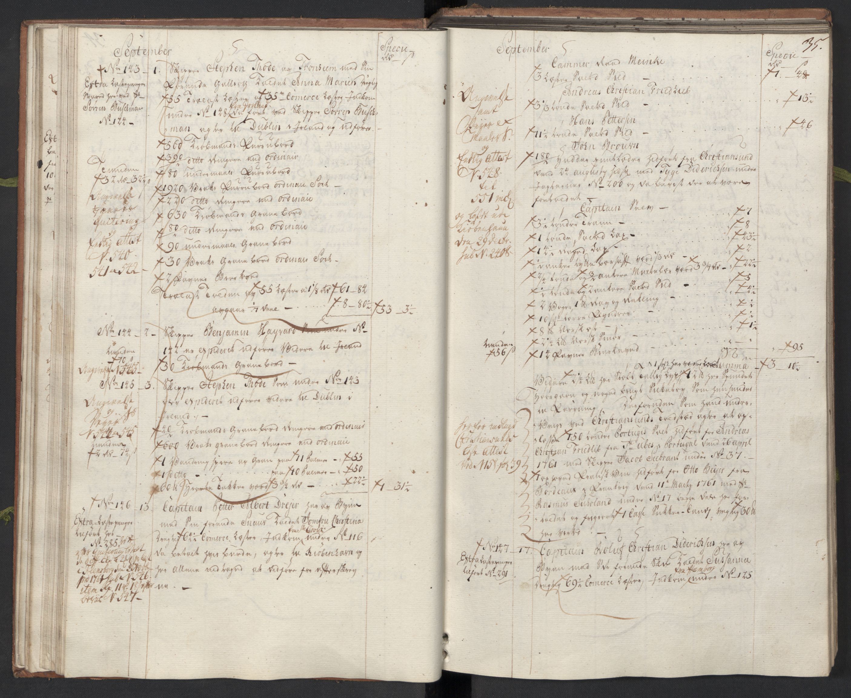 Generaltollkammeret, tollregnskaper, AV/RA-EA-5490/R33/L0075/0001: Tollregnskaper Trondheim A / Utgående hovedtollbok, 1762, s. 34b-35a