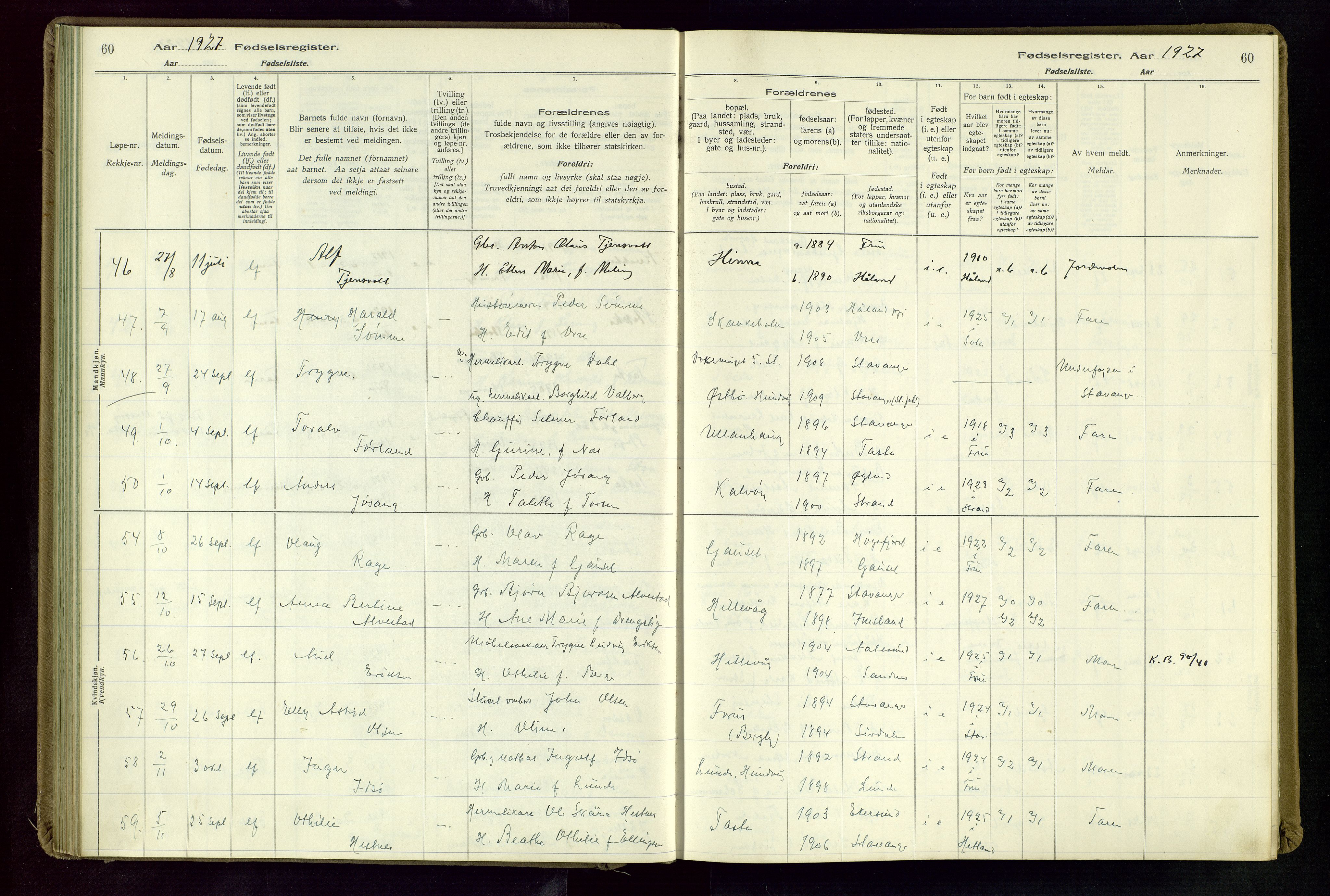 Hetland sokneprestkontor, AV/SAST-A-101826/70/704BA/L0004: Fødselsregister nr. 4, 1923-1937, s. 60