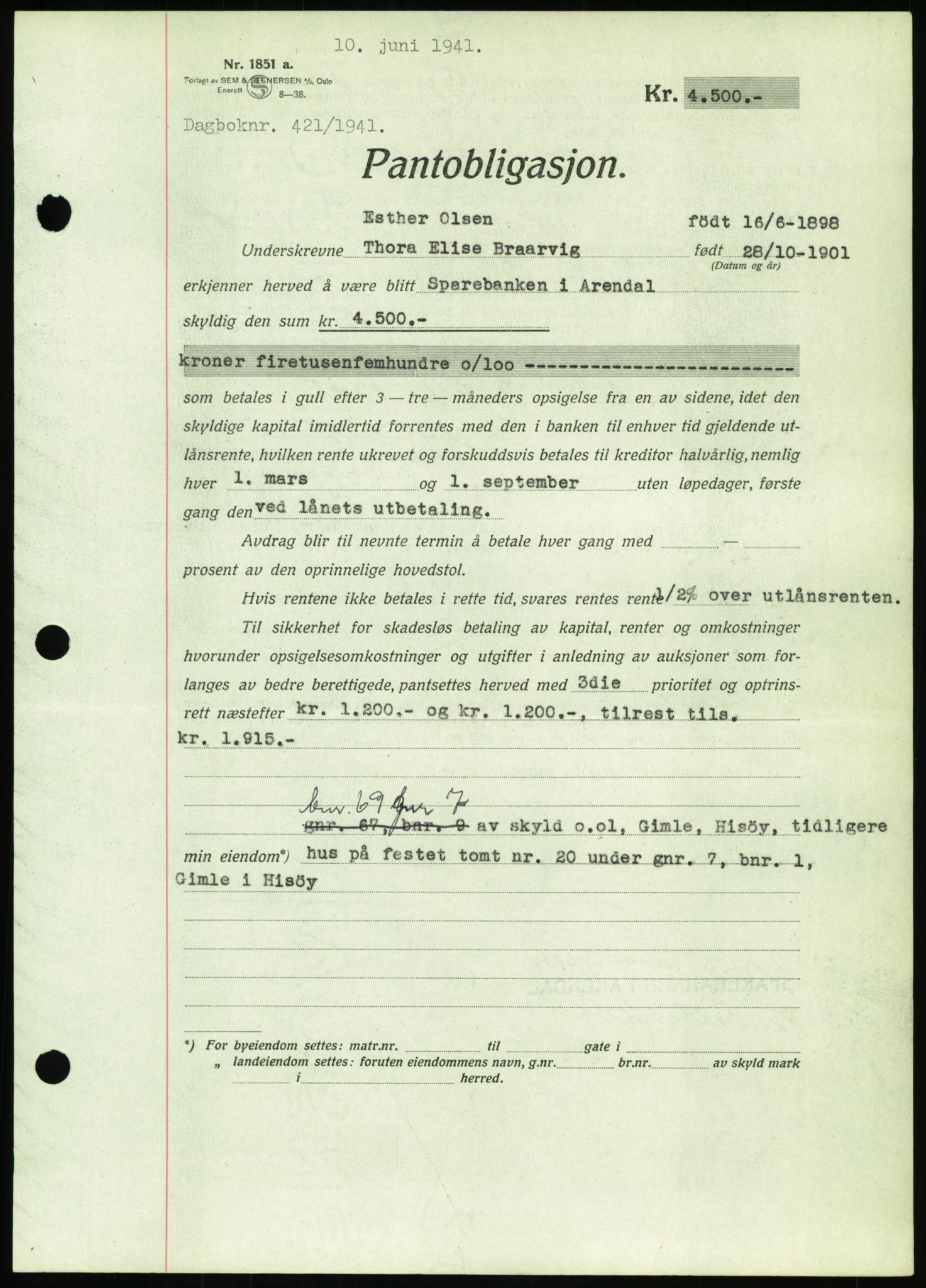 Nedenes sorenskriveri, SAK/1221-0006/G/Gb/Gbb/L0001: Pantebok nr. I, 1939-1942, Dagboknr: 421/1941