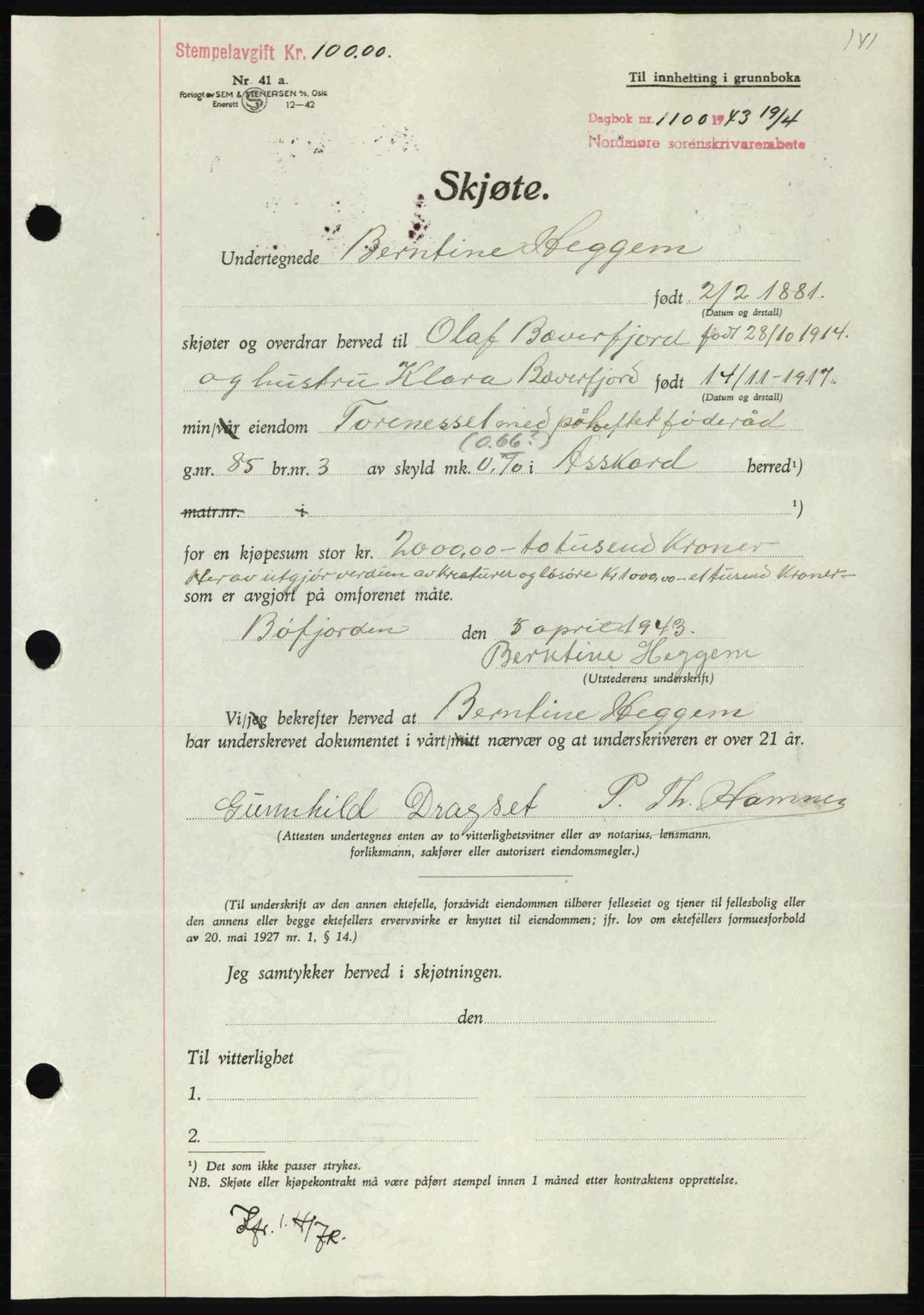 Nordmøre sorenskriveri, AV/SAT-A-4132/1/2/2Ca: Pantebok nr. A95, 1943-1943, Dagboknr: 1100/1943