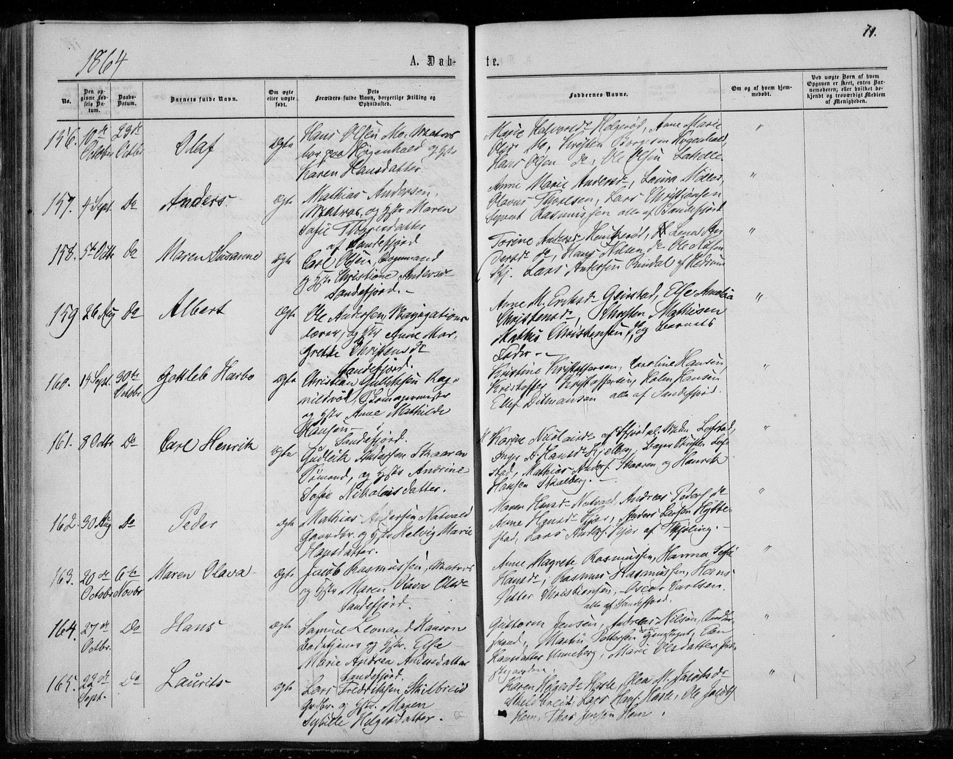 Sandar kirkebøker, AV/SAKO-A-243/F/Fa/L0008: Ministerialbok nr. 8, 1862-1871, s. 71