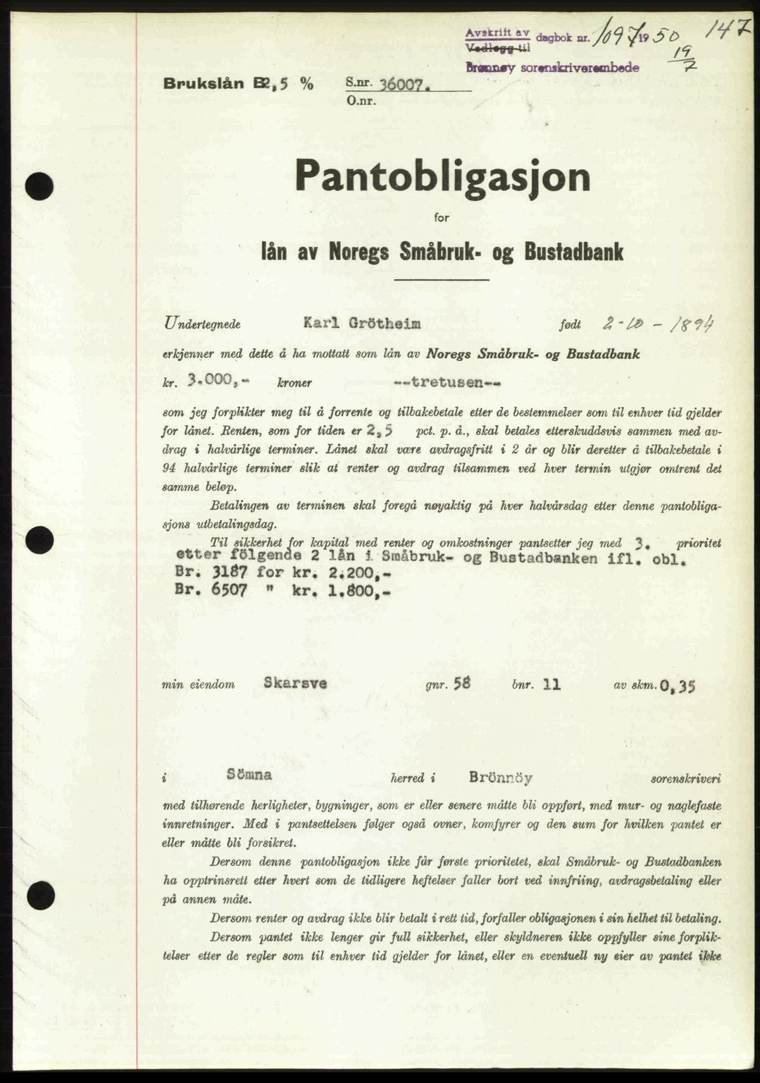 Brønnøy sorenskriveri, SAT/A-4170/1/2/2C: Pantebok nr. 36, 1950-1950, Dagboknr: 1097/1950