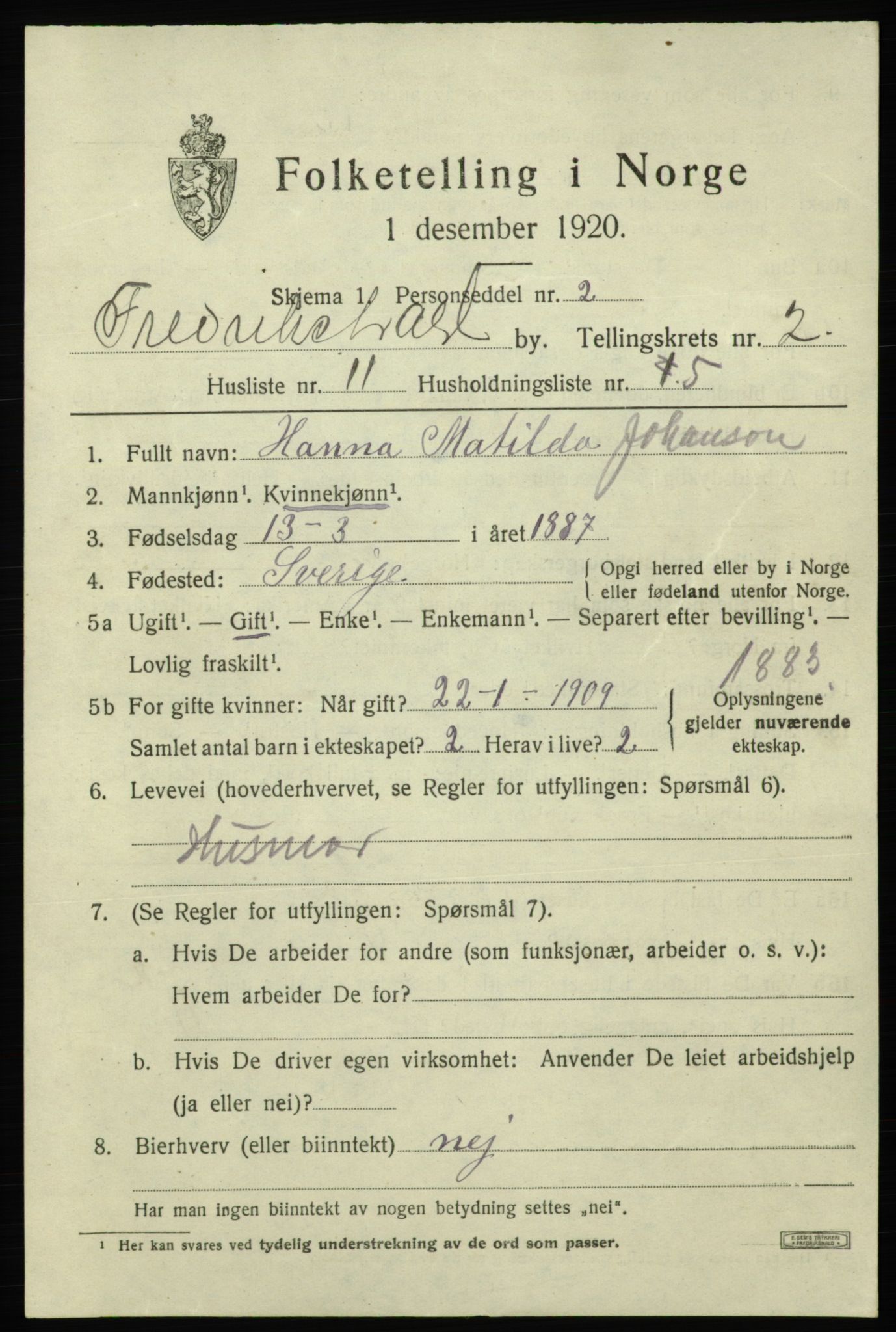 SAO, Folketelling 1920 for 0101 Fredrikshald kjøpstad, 1920, s. 9488