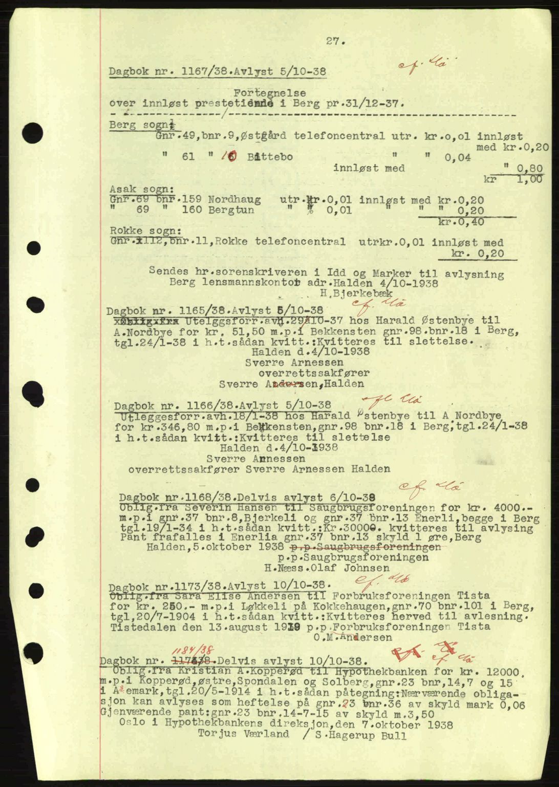 Idd og Marker sorenskriveri, AV/SAO-A-10283/G/Gb/Gbc/L0001: Pantebok nr. B1-3, 1936-1939, Dagboknr: 1167/1938