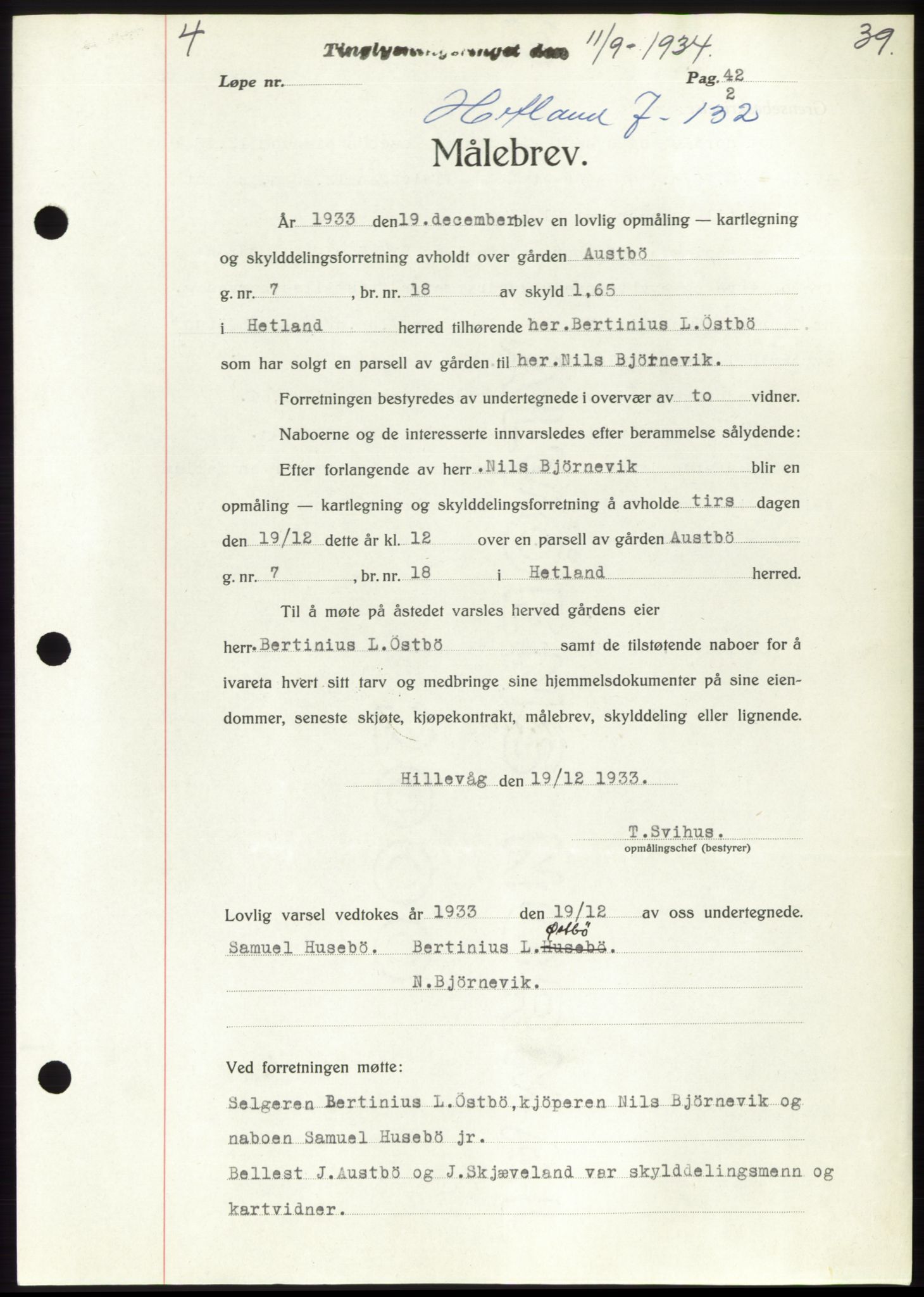 Jæren sorenskriveri, SAST/A-100310/03/G/Gba/L0062: Pantebok nr. 65, 1934-1934, Tingl.dato: 11.09.1934