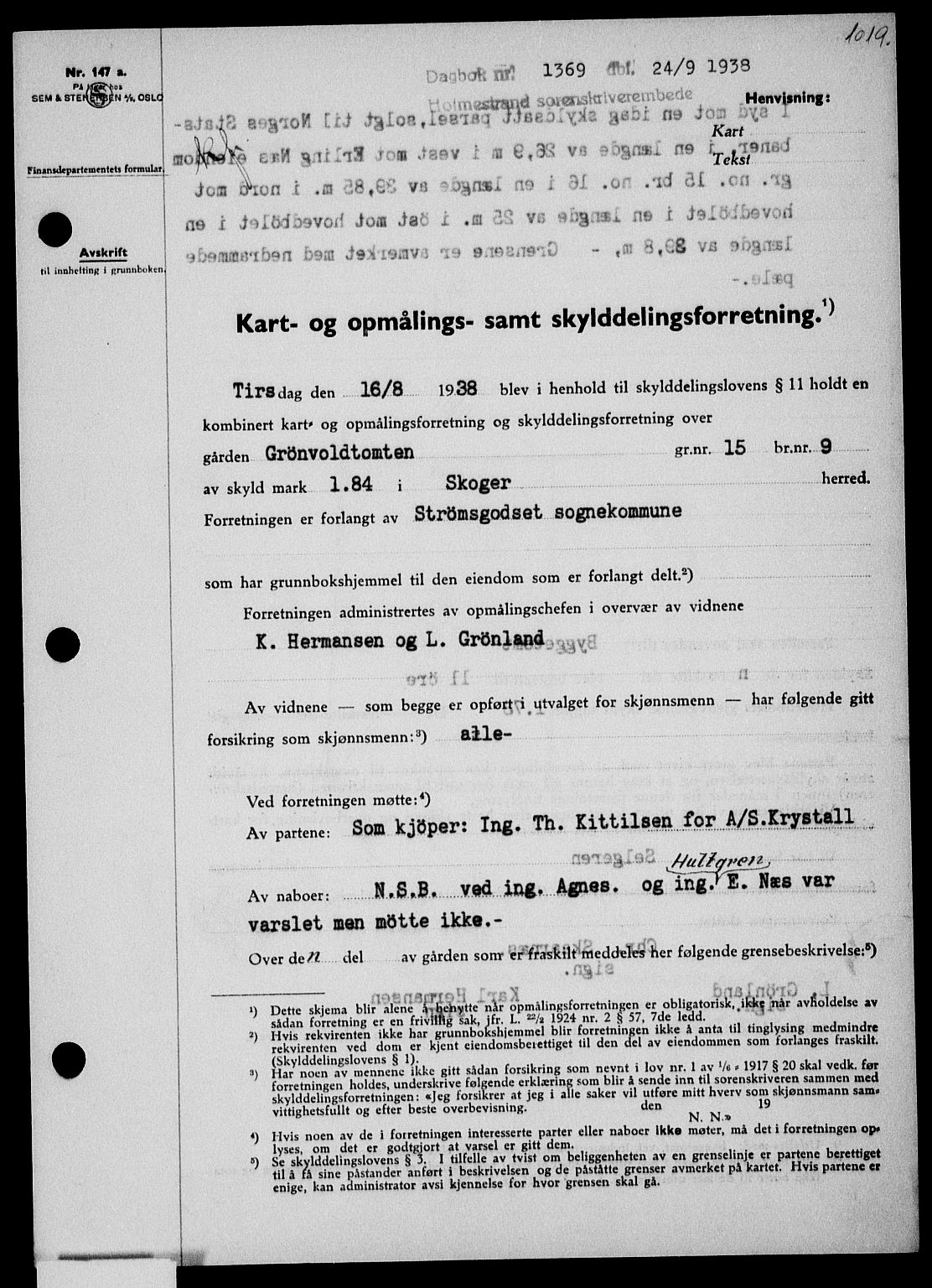 Holmestrand sorenskriveri, SAKO/A-67/G/Ga/Gaa/L0049: Pantebok nr. A-49, 1937-1938, Dagboknr: 1369/1938