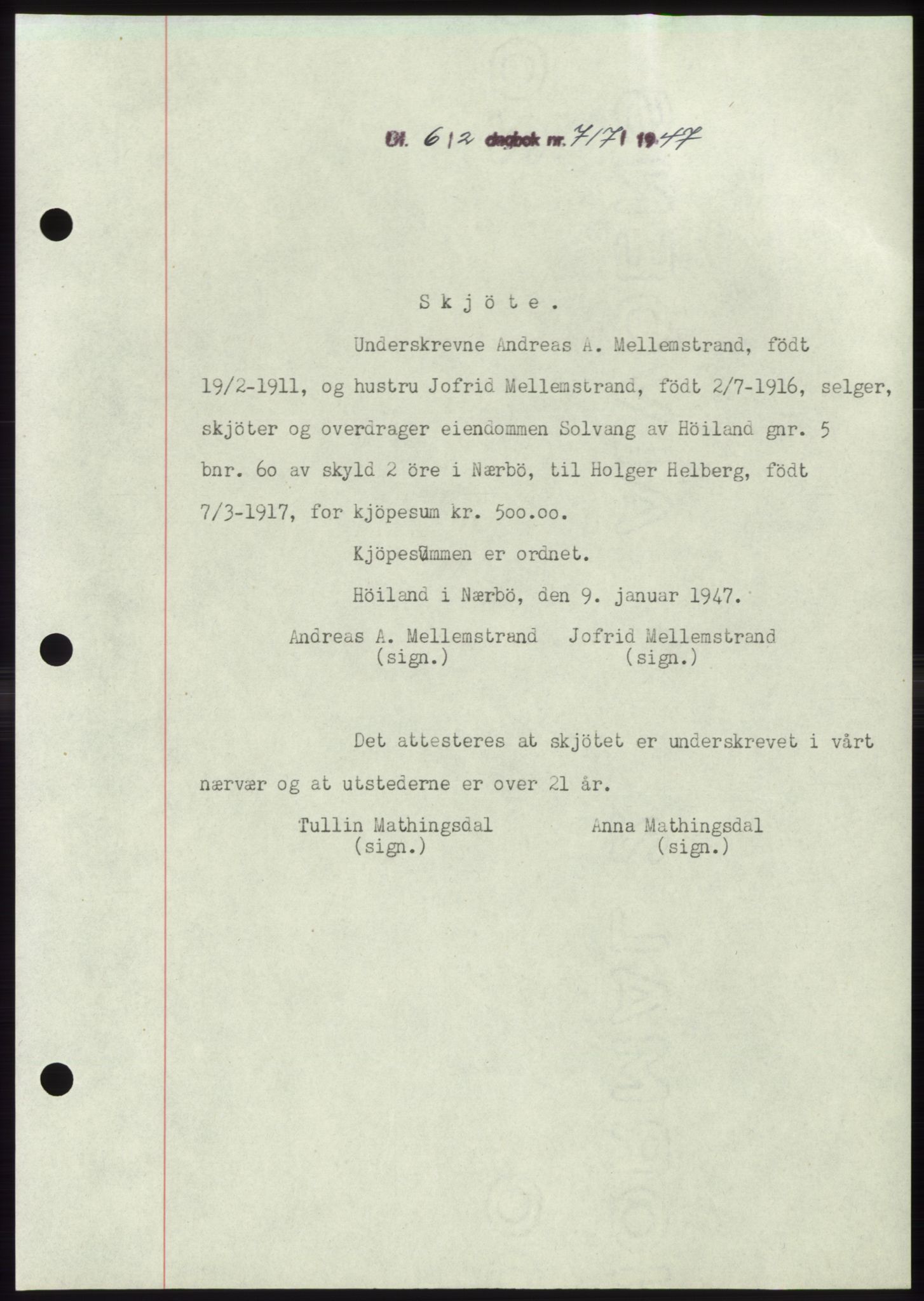 Jæren sorenskriveri, SAST/A-100310/03/G/Gba/L0093: Pantebok, 1947-1947, Dagboknr: 717/1947