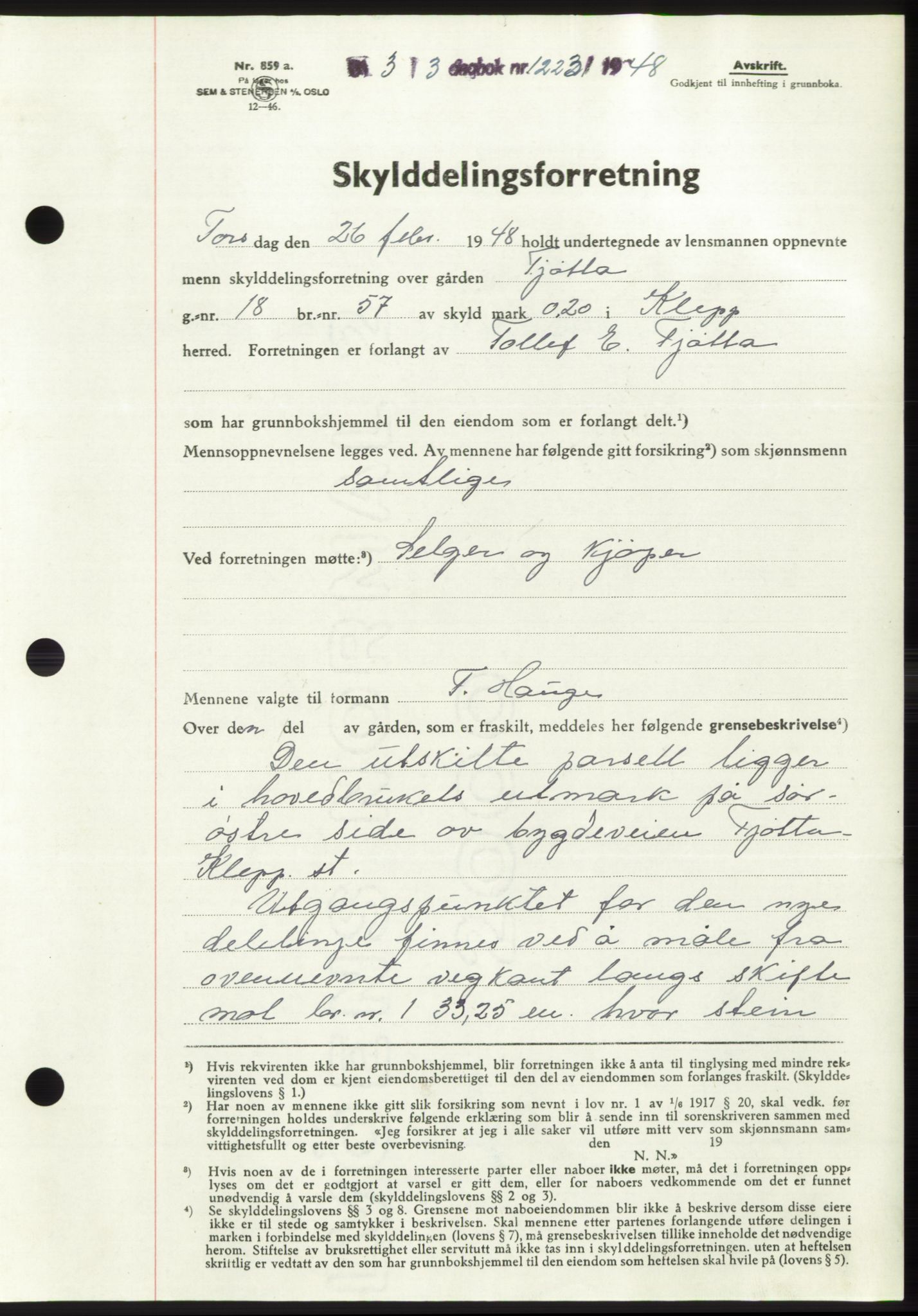 Jæren sorenskriveri, SAST/A-100310/03/G/Gba/L0098: Pantebok, 1948-1948, Dagboknr: 1223/1948