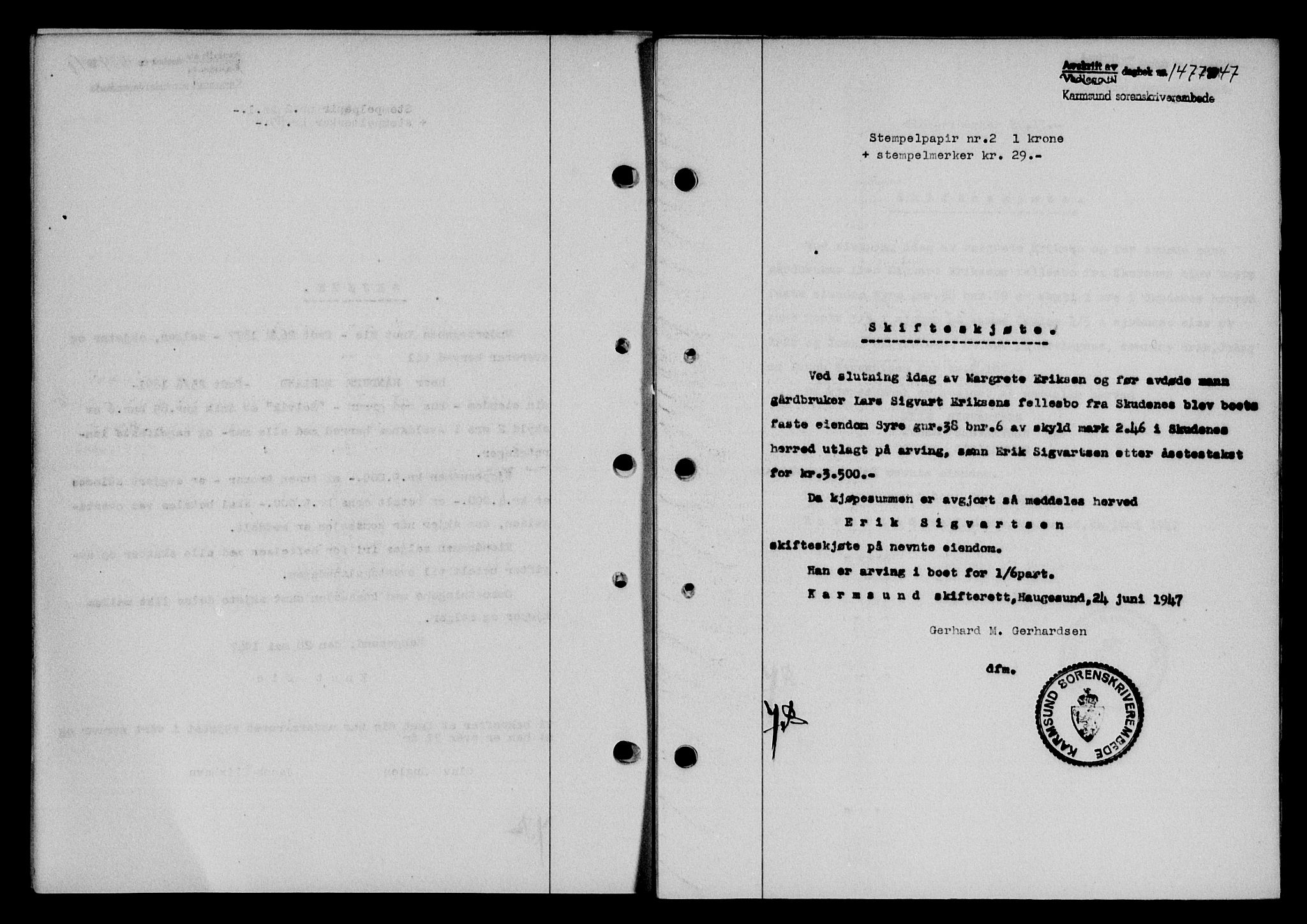 Karmsund sorenskriveri, SAST/A-100311/01/II/IIB/L0090: Pantebok nr. 70A, 1947-1947, Dagboknr: 1477/1947
