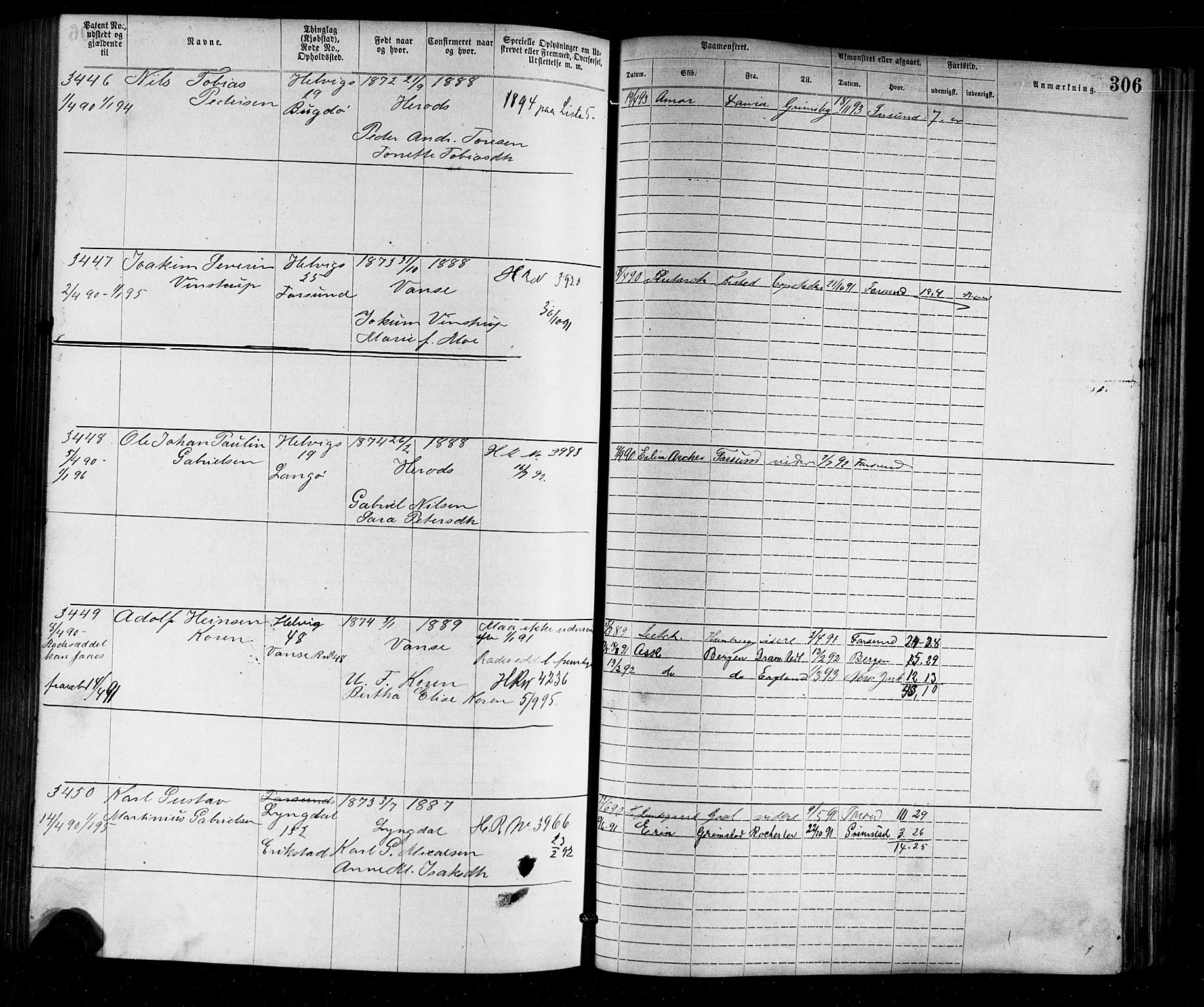 Farsund mønstringskrets, SAK/2031-0017/F/Fa/L0002: Annotasjonsrulle nr 1921-3815 med register, M-2, 1877-1894, s. 339