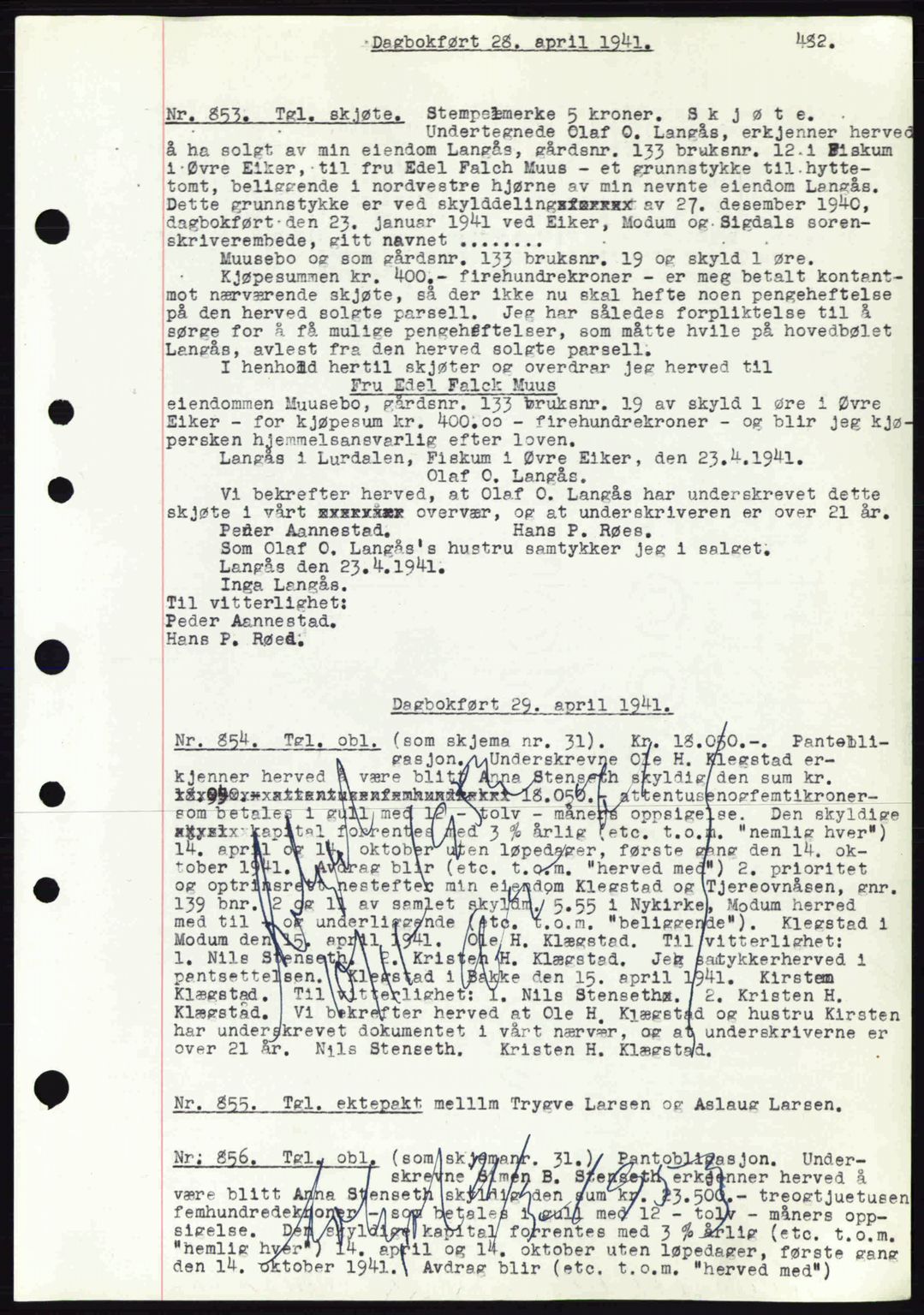 Eiker, Modum og Sigdal sorenskriveri, SAKO/A-123/G/Ga/Gab/L0043: Pantebok nr. A13, 1940-1941, Dagboknr: 853/1941