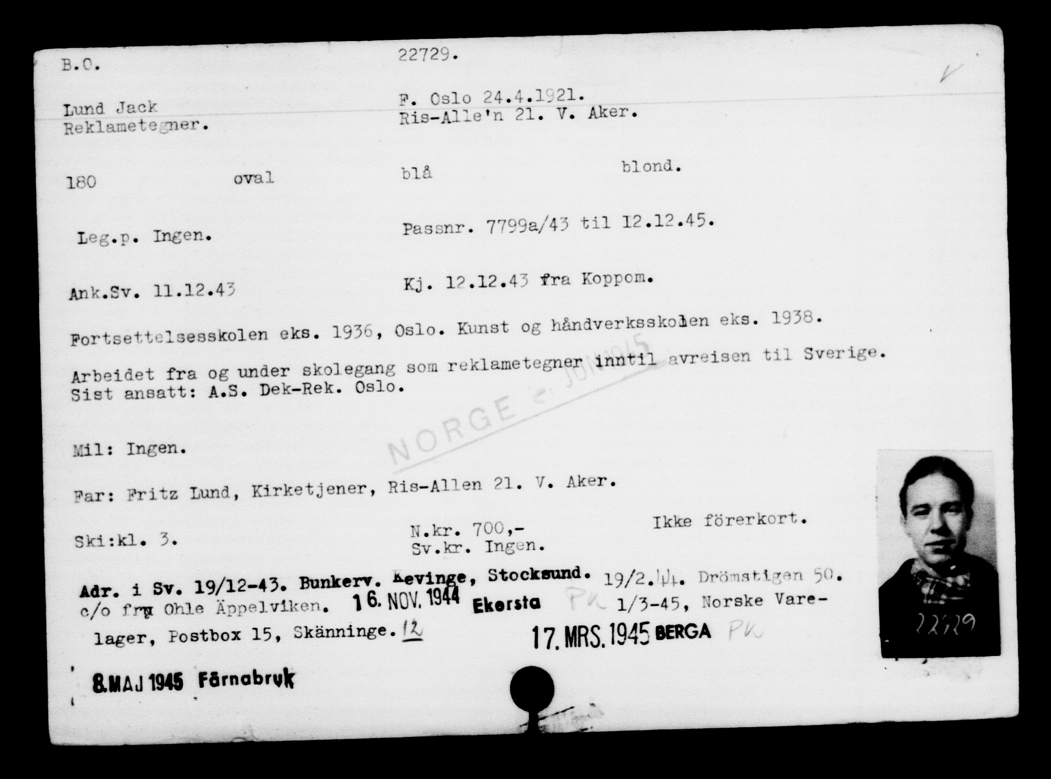 Utenriksstasjonene, Legasjonen i Stockholm, Flyktningkontoret, AV/RA-S-6753/V/Va/L0010: Kjesäterkartoteket, flyktninger med registreringsnr. 22000-25314, 1940-1945, s. 805
