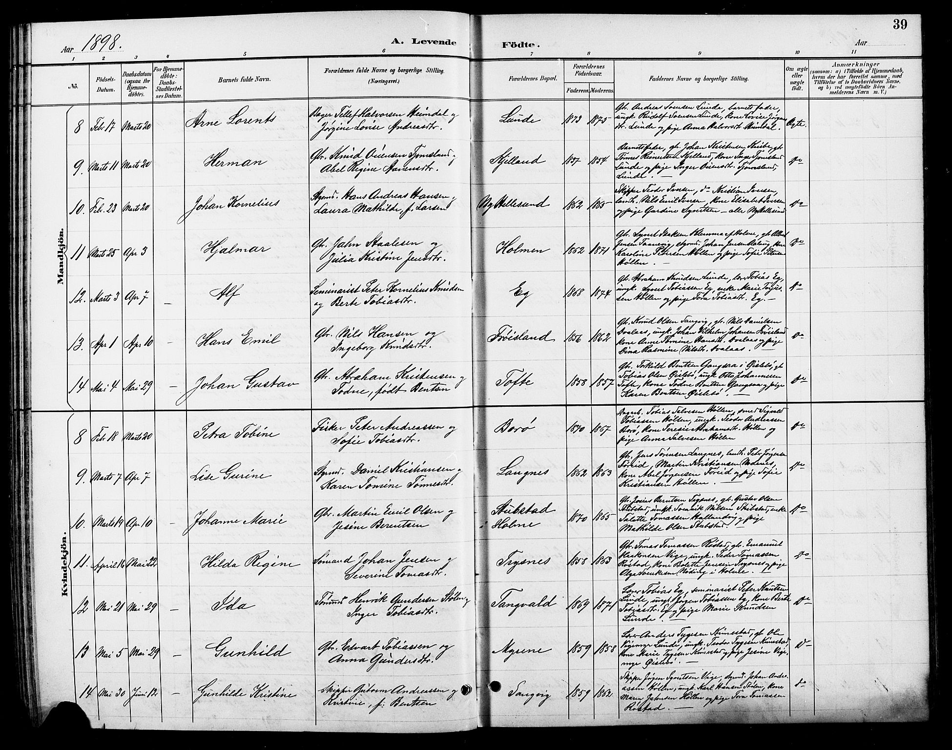 Søgne sokneprestkontor, AV/SAK-1111-0037/F/Fb/Fbb/L0006: Klokkerbok nr. B 6, 1892-1911, s. 39