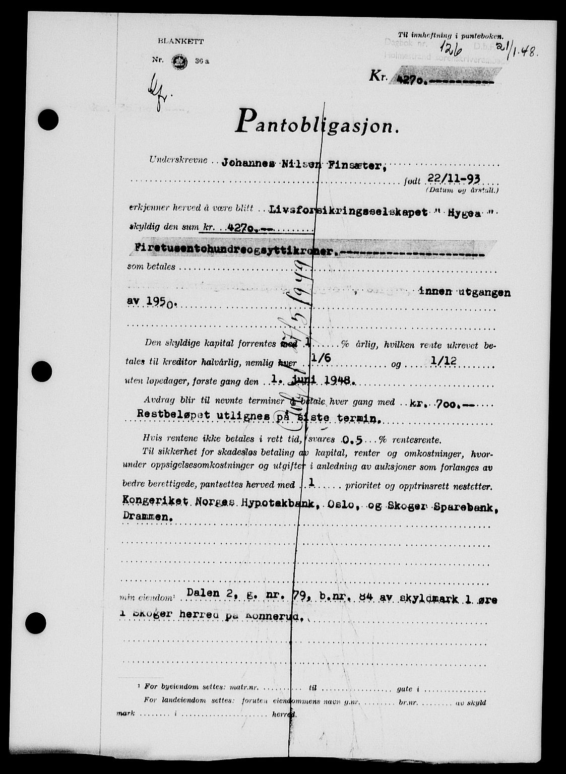 Holmestrand sorenskriveri, SAKO/A-67/G/Ga/Gab/L0058: Pantebok nr. B-58, 1947-1948, Dagboknr: 126/1948