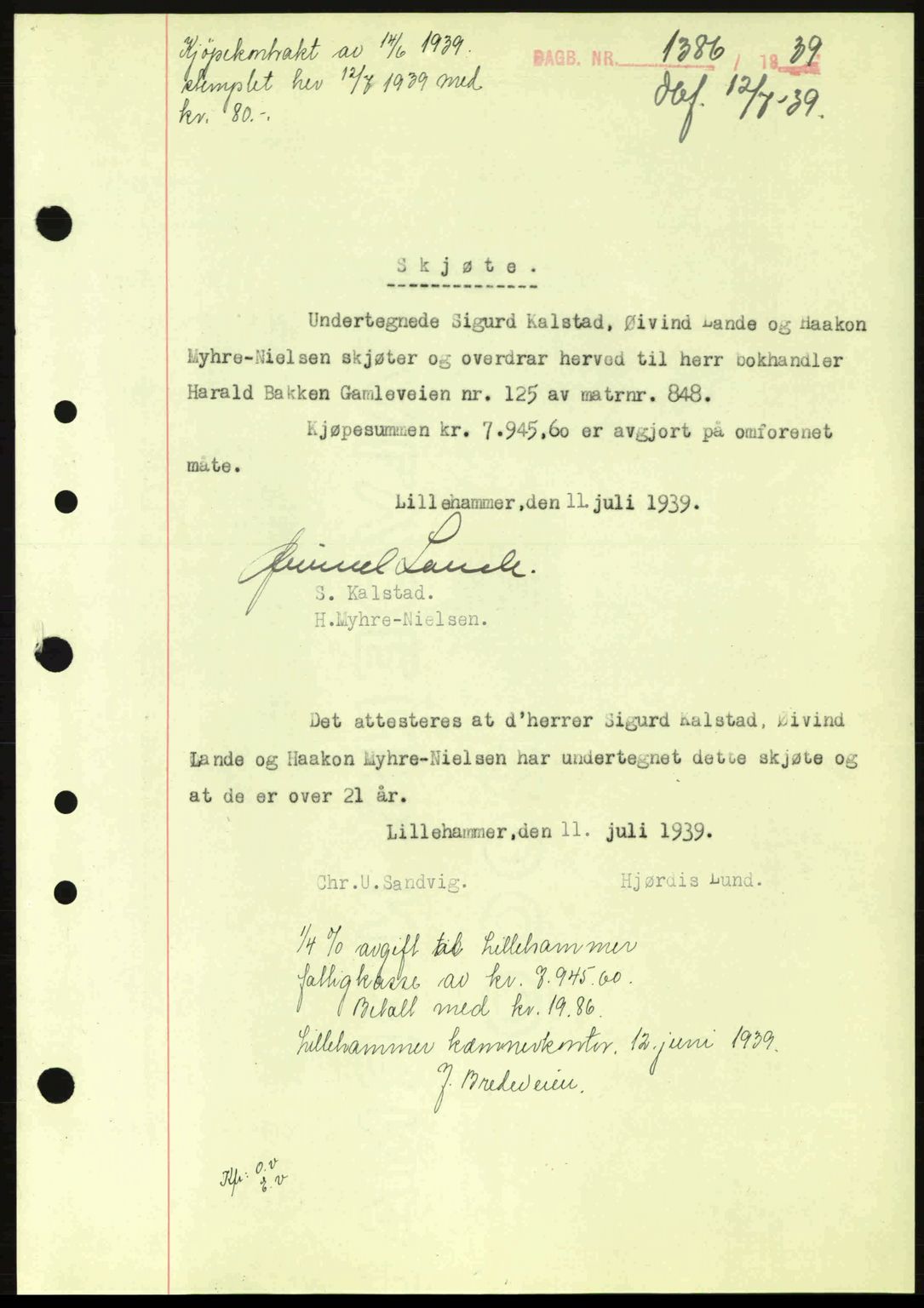 Sør-Gudbrandsdal tingrett, SAH/TING-004/H/Hb/Hbd/L0006: Pantebok nr. A6, 1939-1939, Dagboknr: 1386/1939
