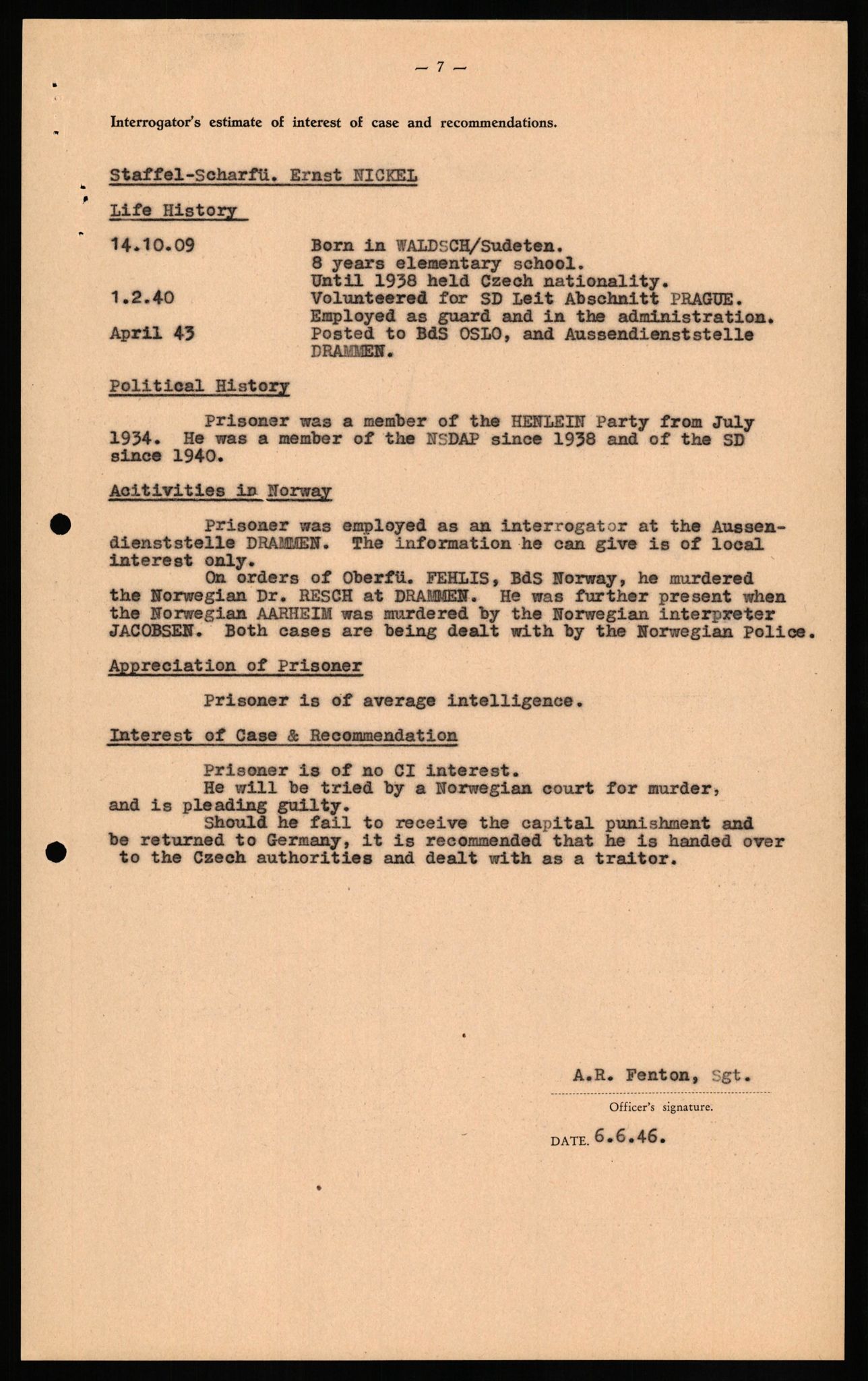 Forsvaret, Forsvarets overkommando II, RA/RAFA-3915/D/Db/L0024: CI Questionaires. Tyske okkupasjonsstyrker i Norge. Tyskere., 1945-1946, s. 128