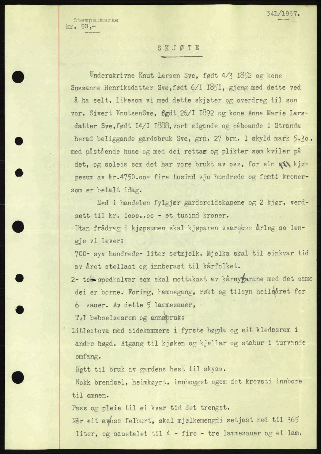 Nordre Sunnmøre sorenskriveri, SAT/A-0006/1/2/2C/2Ca: Pantebok nr. A2, 1936-1937, Dagboknr: 341/1937