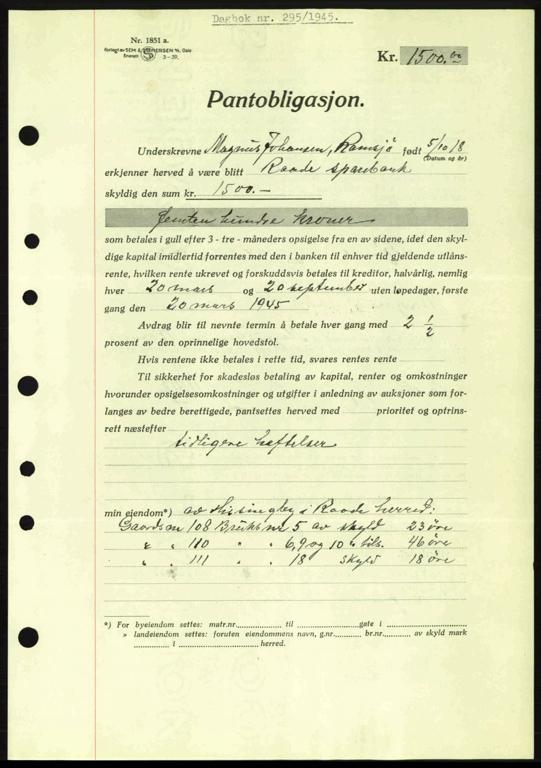 Moss sorenskriveri, SAO/A-10168: Pantebok nr. B13, 1943-1945, Dagboknr: 295/1945