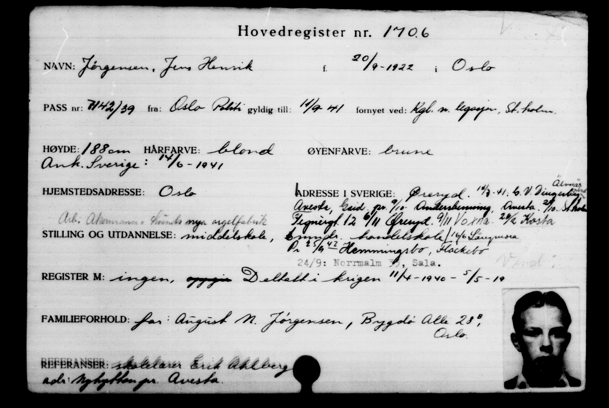 Utenriksstasjonene, Legasjonen i Stockholm, Flyktningkontoret, AV/RA-S-6753/V/Va/L0002: Kjesäterkartoteket, flyktninger med registreringsnr. 1001-2000, 1940-1945, s. 998