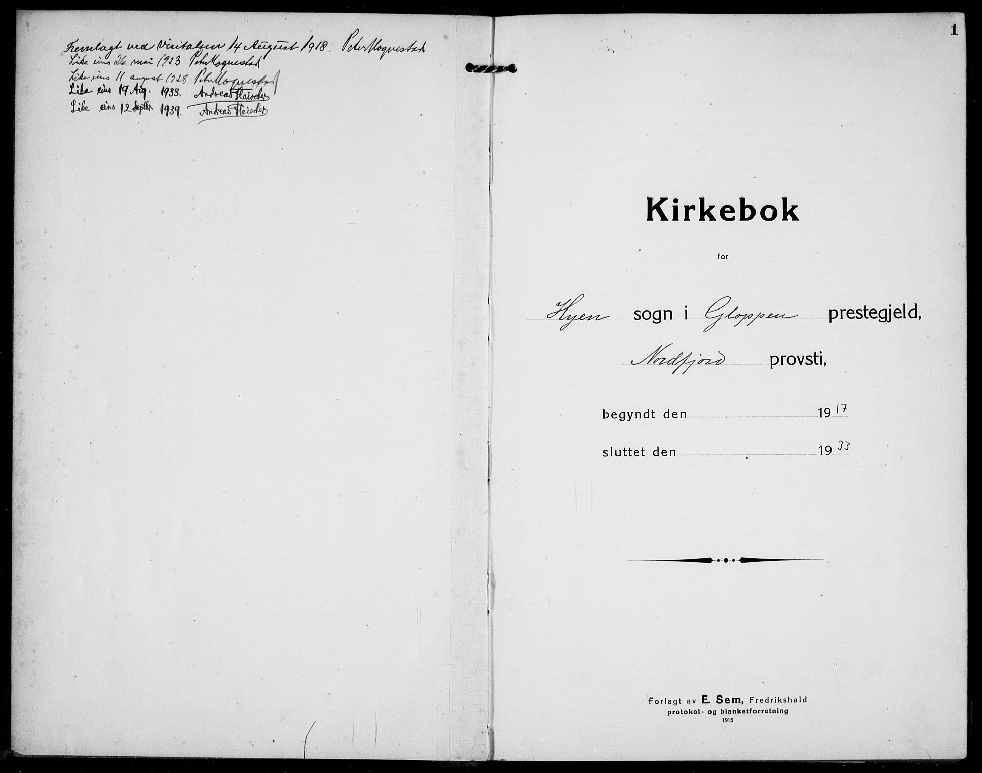 Gloppen sokneprestembete, SAB/A-80101/H/Hab/Habe/L0002: Klokkerbok nr. E 2, 1917-1933, s. 1