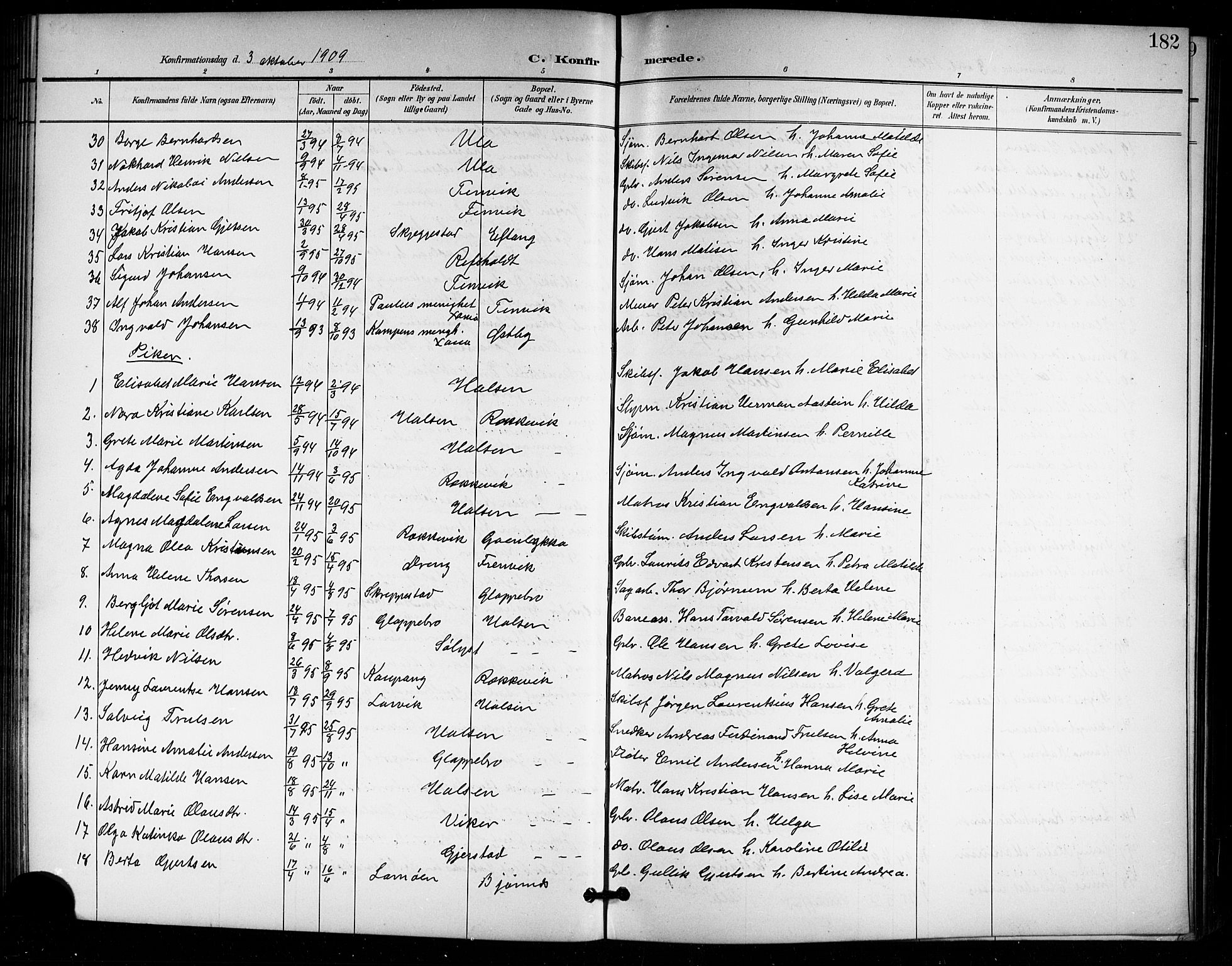 Tjølling kirkebøker, AV/SAKO-A-60/G/Ga/L0002: Klokkerbok nr. 2, 1895-1918, s. 182