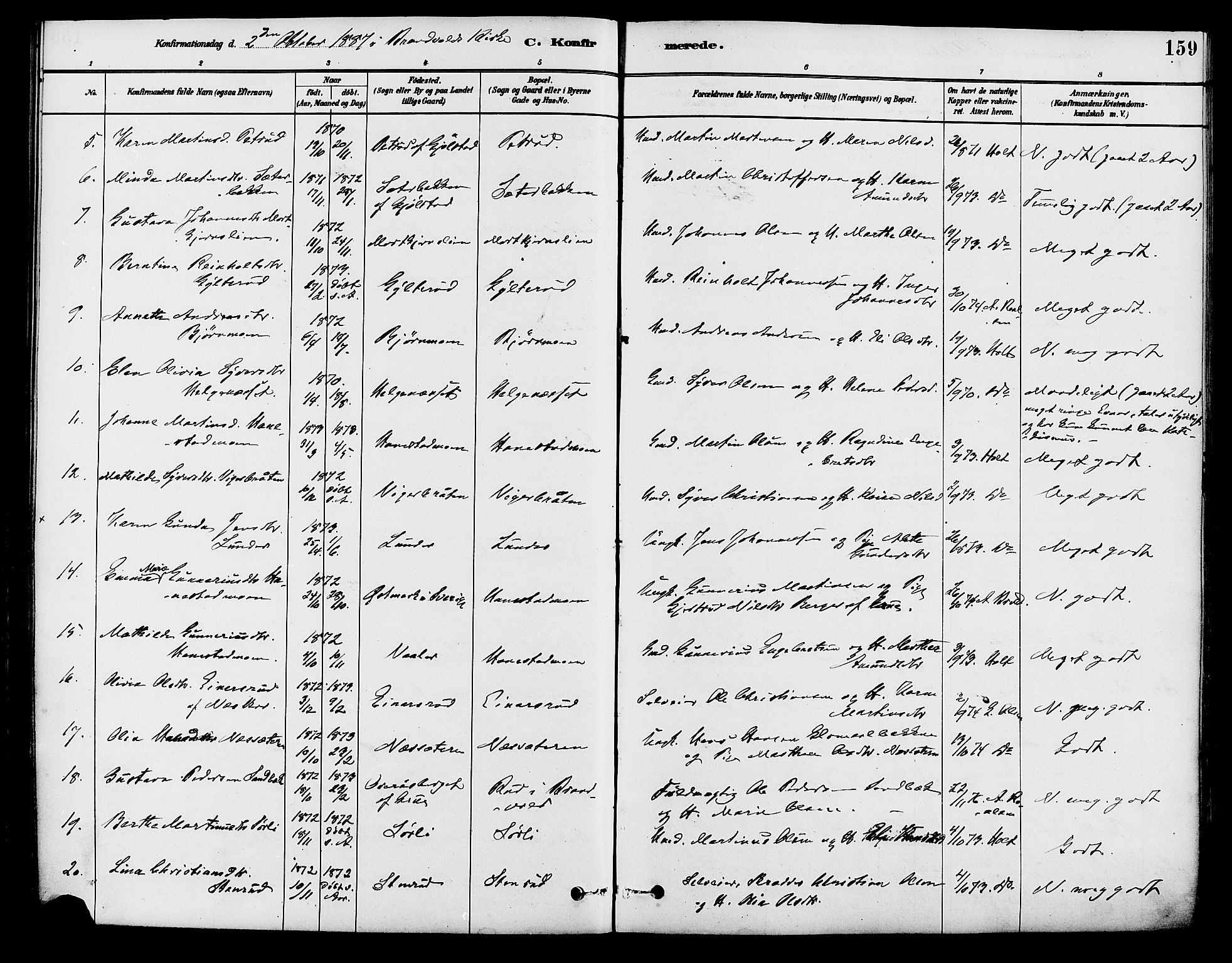 Brandval prestekontor, AV/SAH-PREST-034/H/Ha/Haa/L0002: Ministerialbok nr. 2, 1880-1894, s. 159