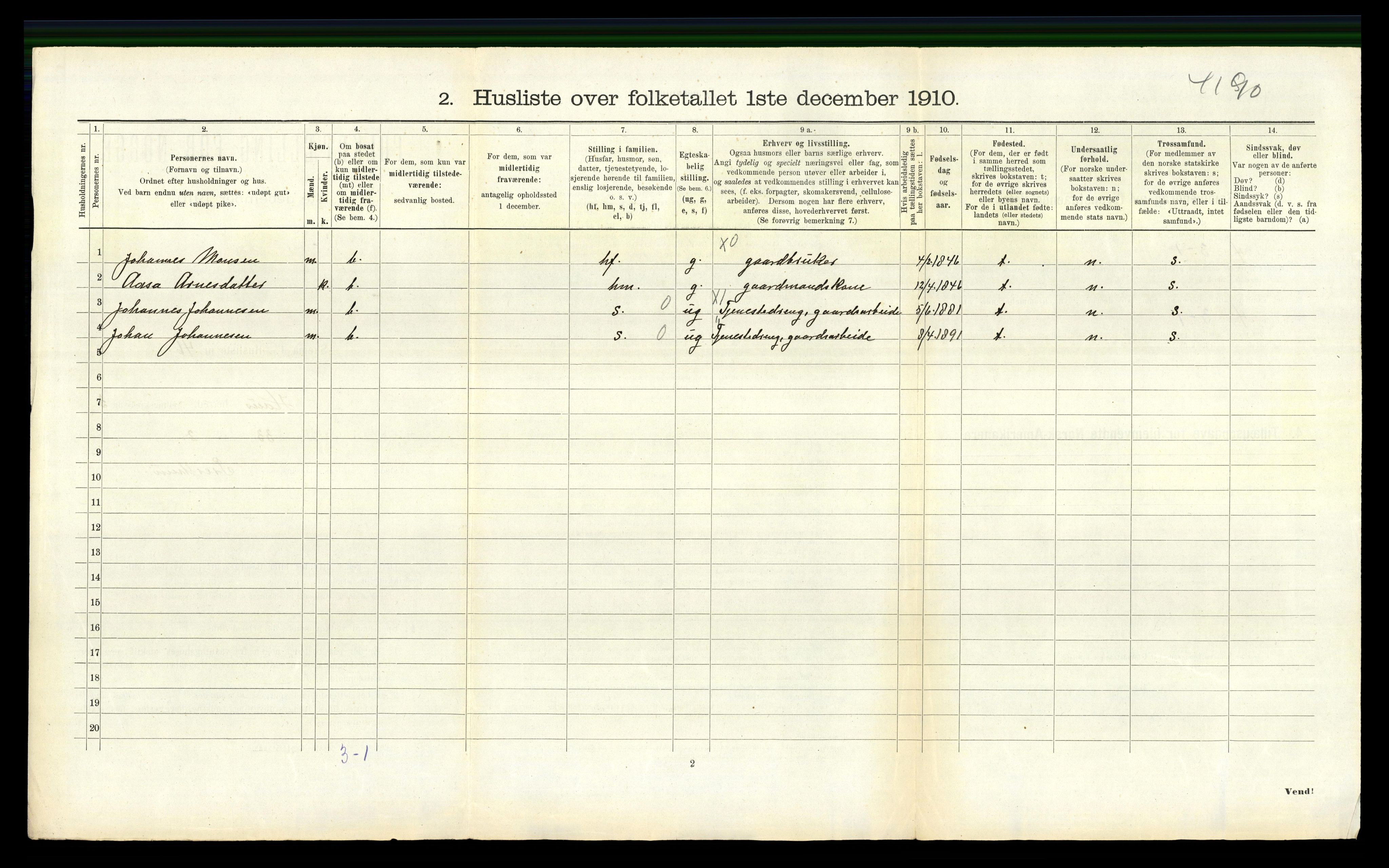 RA, Folketelling 1910 for 1250 Haus herred, 1910, s. 421