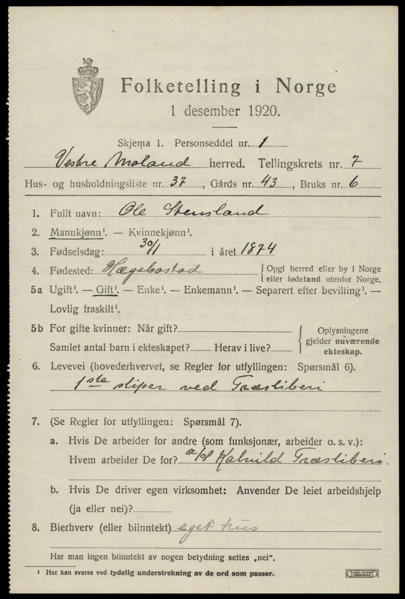 SAK, Folketelling 1920 for 0926 Vestre Moland herred, 1920, s. 5169