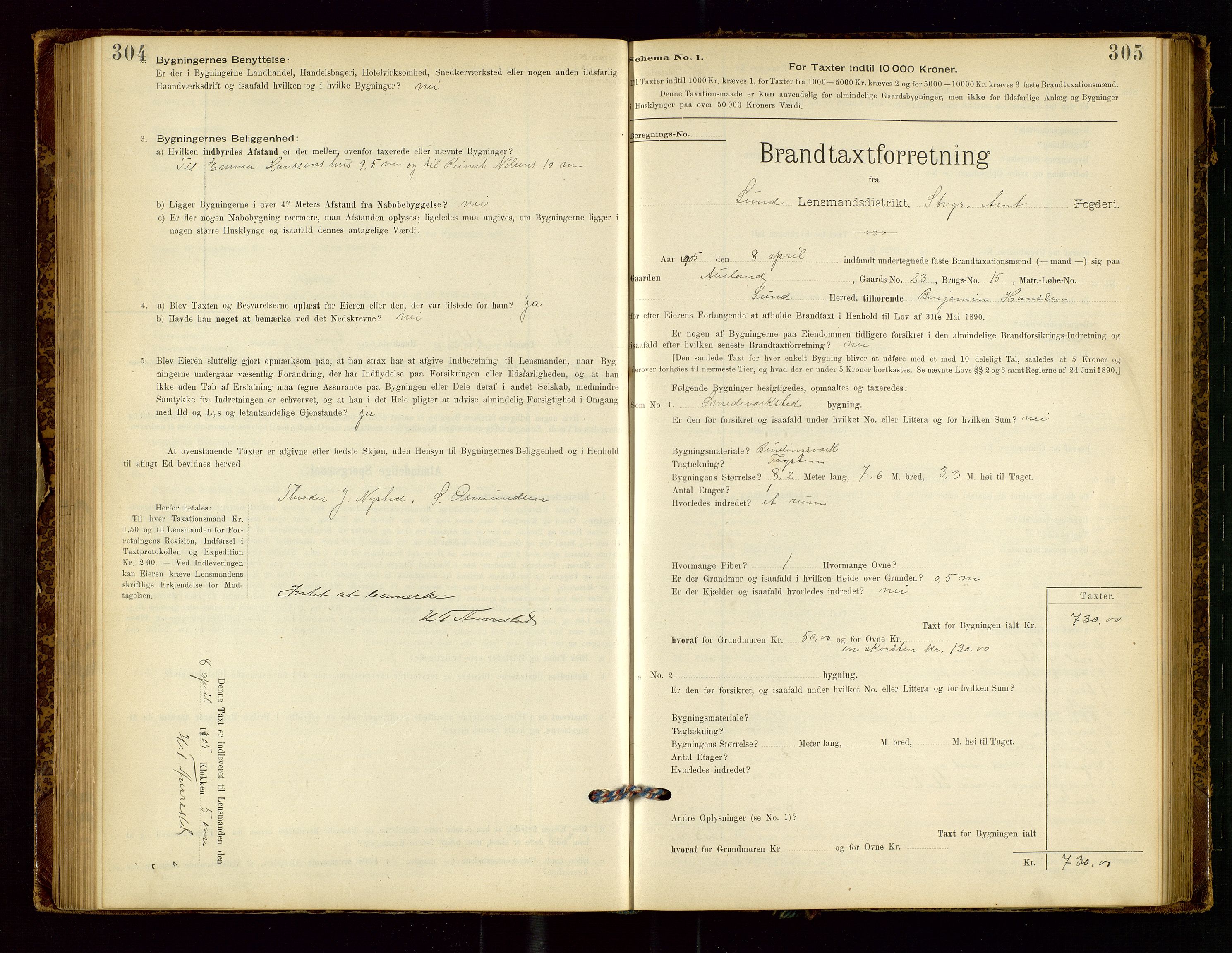 Lund lensmannskontor, AV/SAST-A-100303/Gob/L0001: "Brandtakstprotokol", 1894-1907, s. 304-305