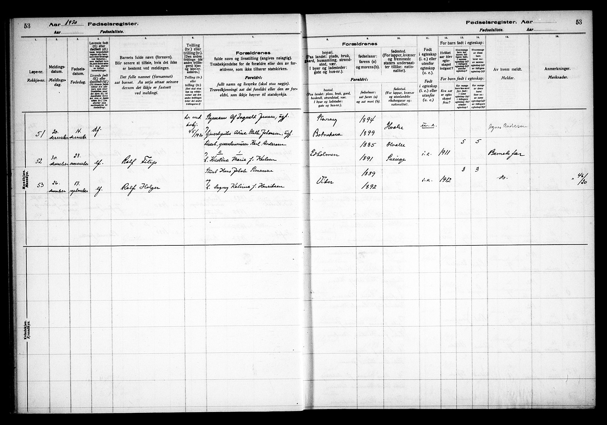 Hvaler prestekontor Kirkebøker, AV/SAO-A-2001/J/Ja/L0001: Fødselsregister nr. I 1, 1916-1938, s. 53