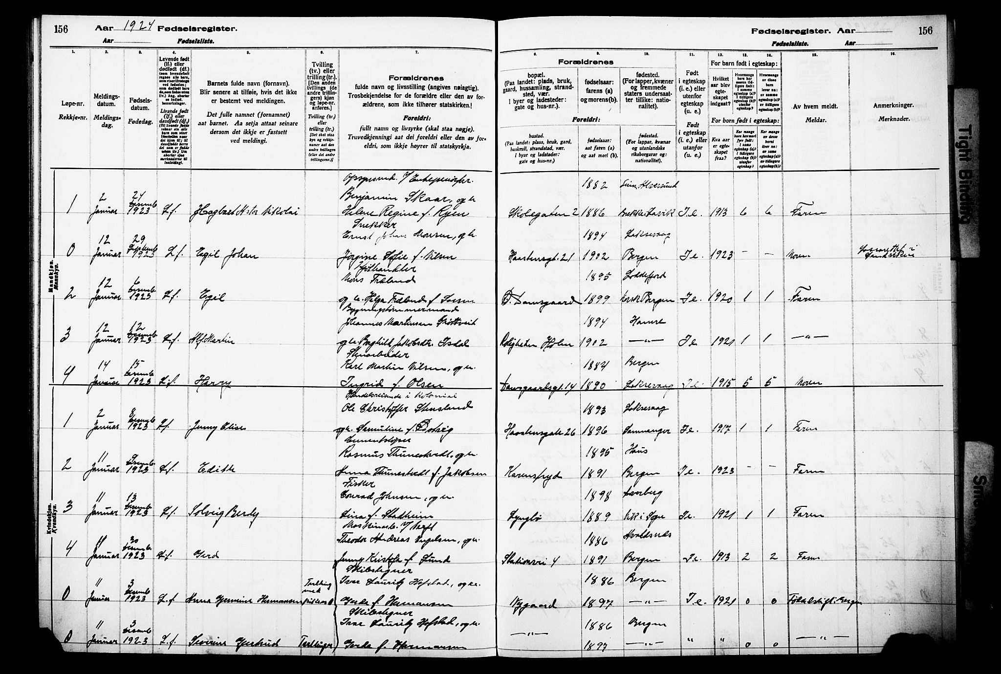 Laksevåg Sokneprestembete, SAB/A-76501/I/Id/L00A1: Fødselsregister nr. A 1, 1916-1926, s. 156