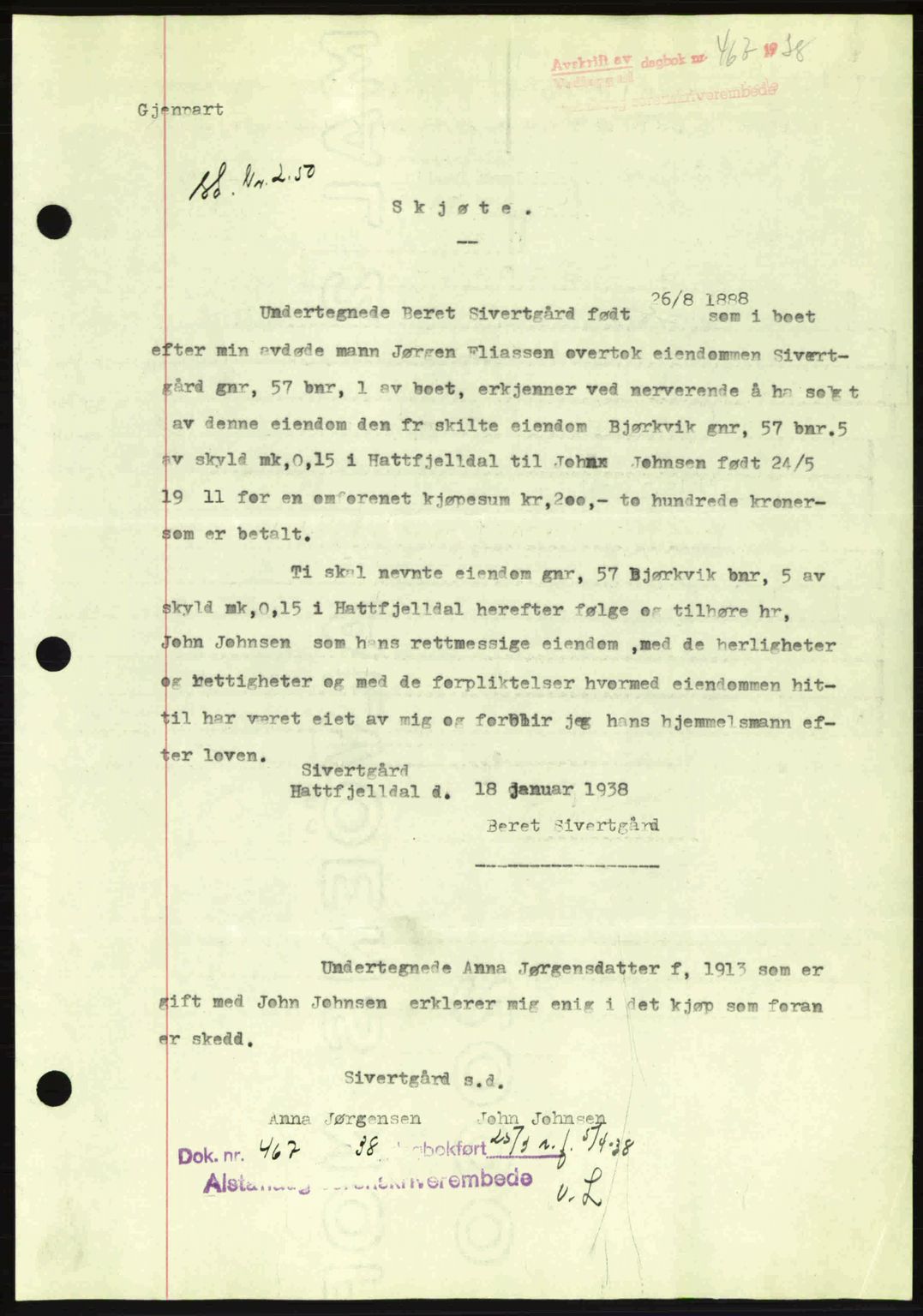 Alstahaug sorenskriveri, SAT/A-1009: Pantebok nr. A3, 1937-1938, Dagboknr: 463/1938