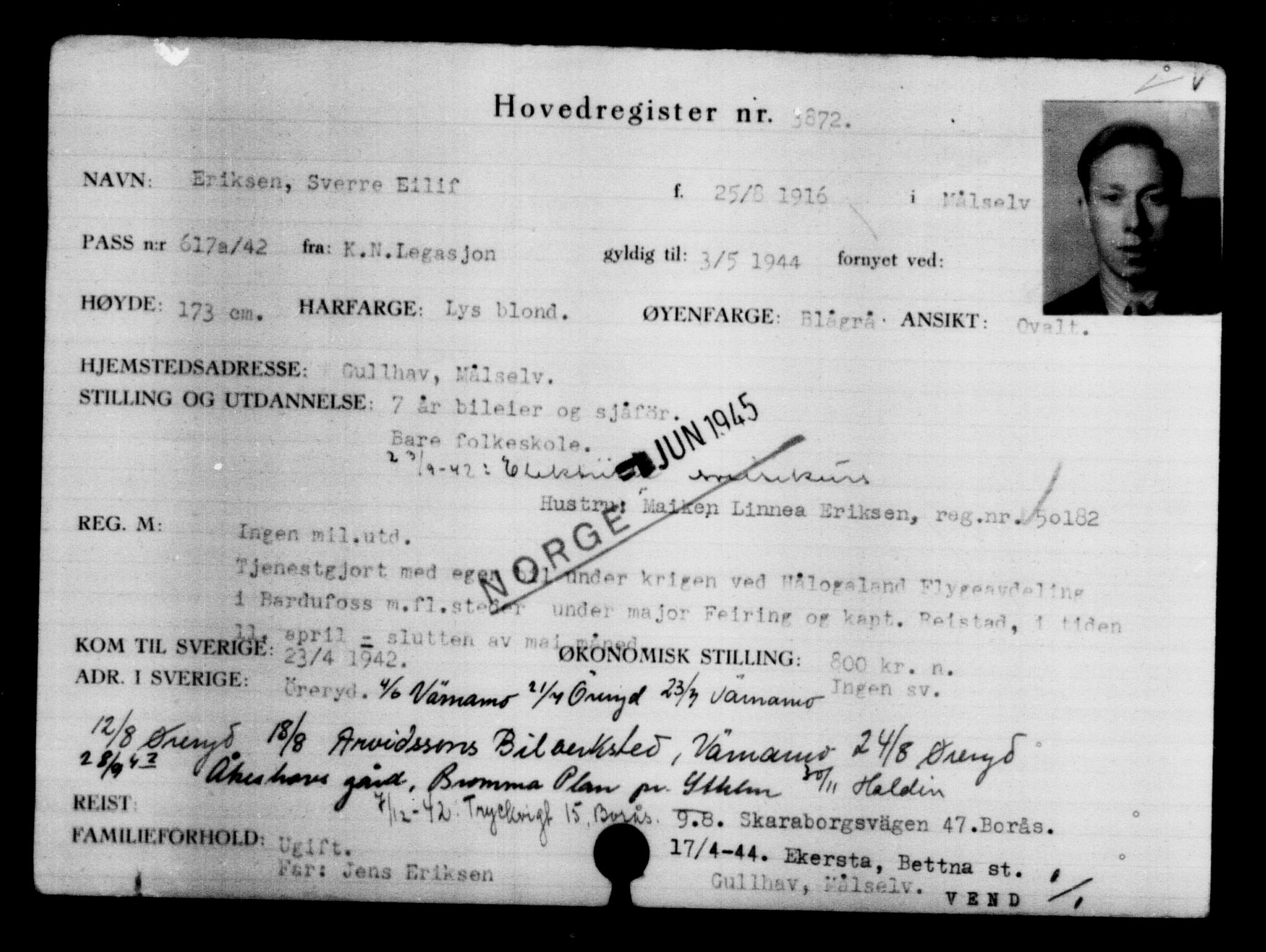 Utenriksstasjonene, Legasjonen i Stockholm, Flyktningkontoret, AV/RA-S-6753/V/Va/L0004: Kjesäterkartoteket, flyktninger med registreringsnr. 3496-6610, 1940-1945, s. 437