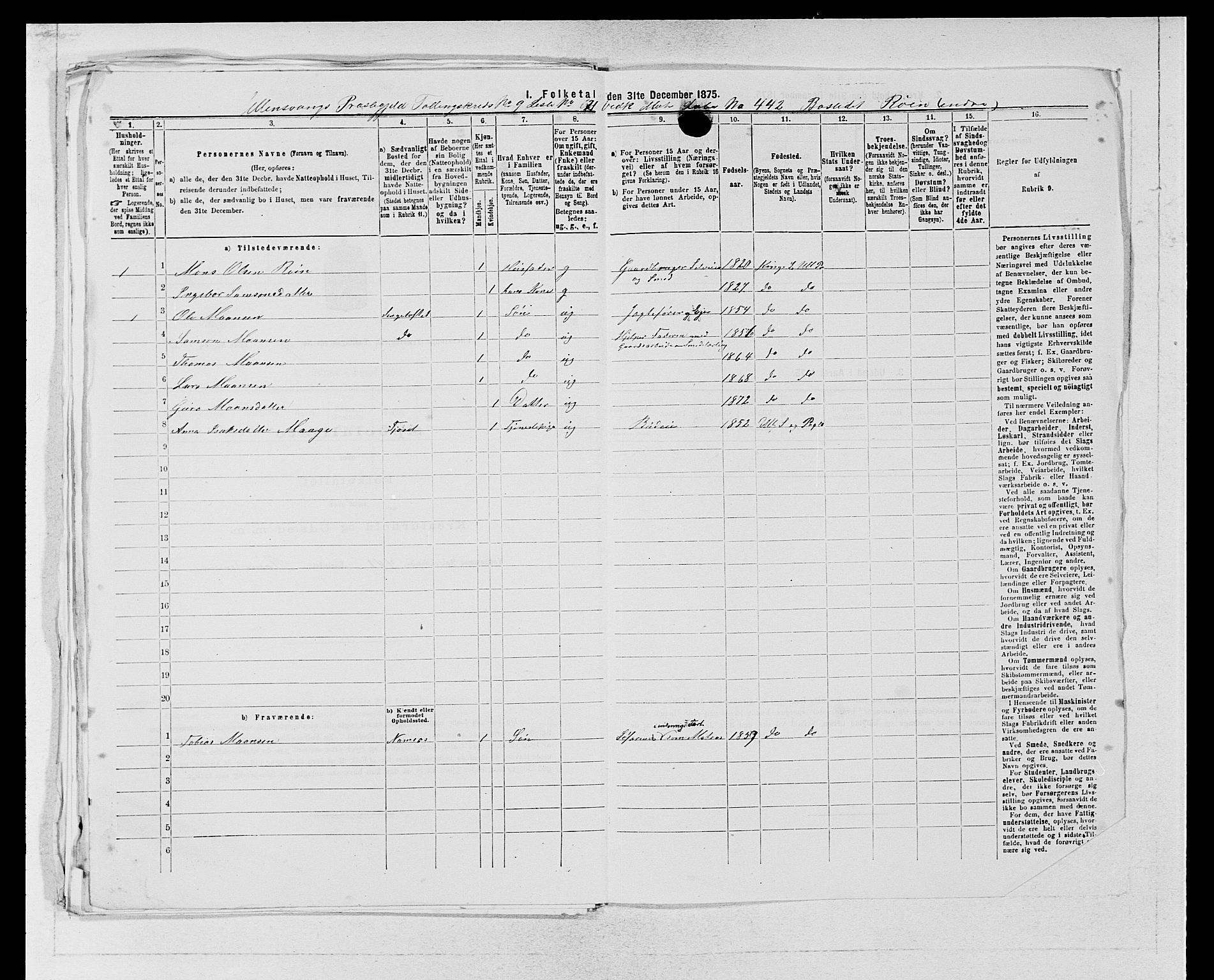 SAB, Folketelling 1875 for 1230P Ullensvang prestegjeld, 1875, s. 976