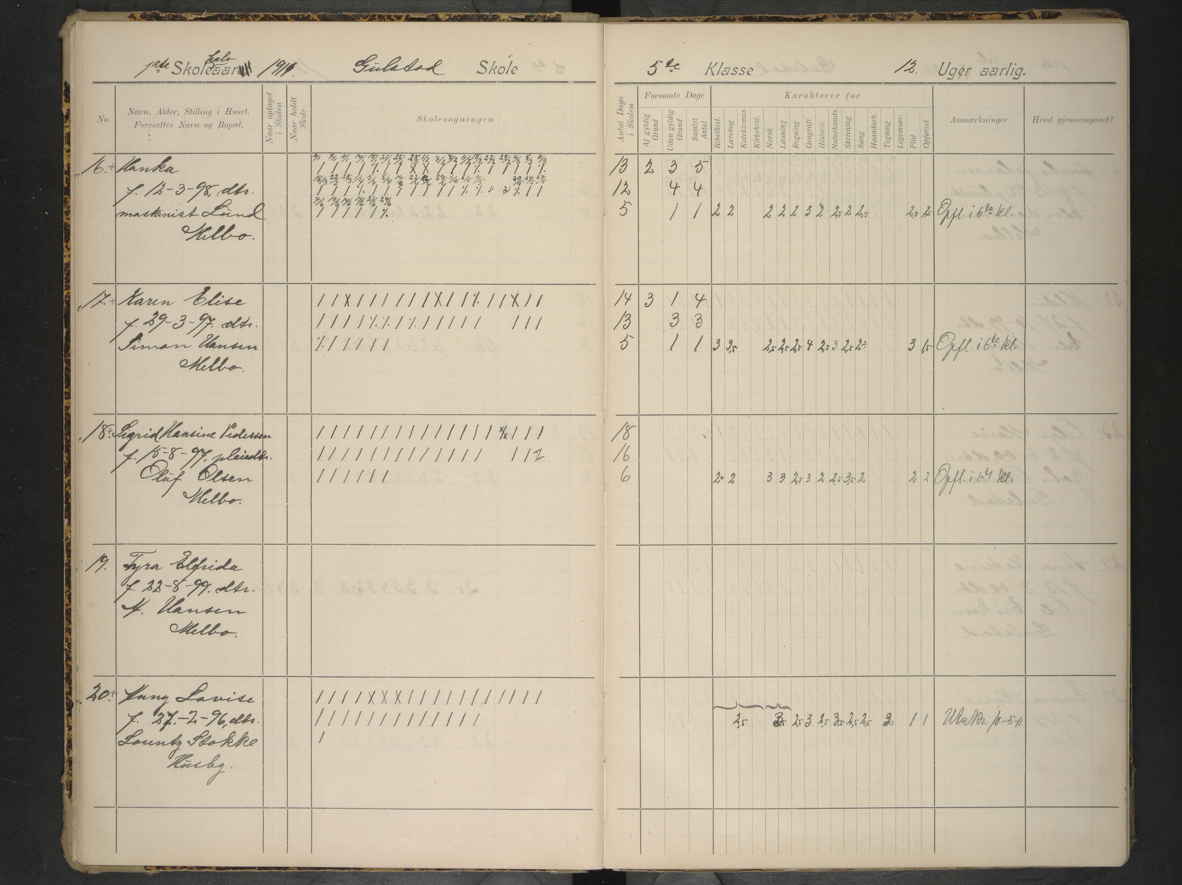 Hadsel kommune. Gulstad skolekrets, AIN/K-18660.510.28/F/Fa/L0002: Skoleprotokoll for Gulstad skole, 1911-1917