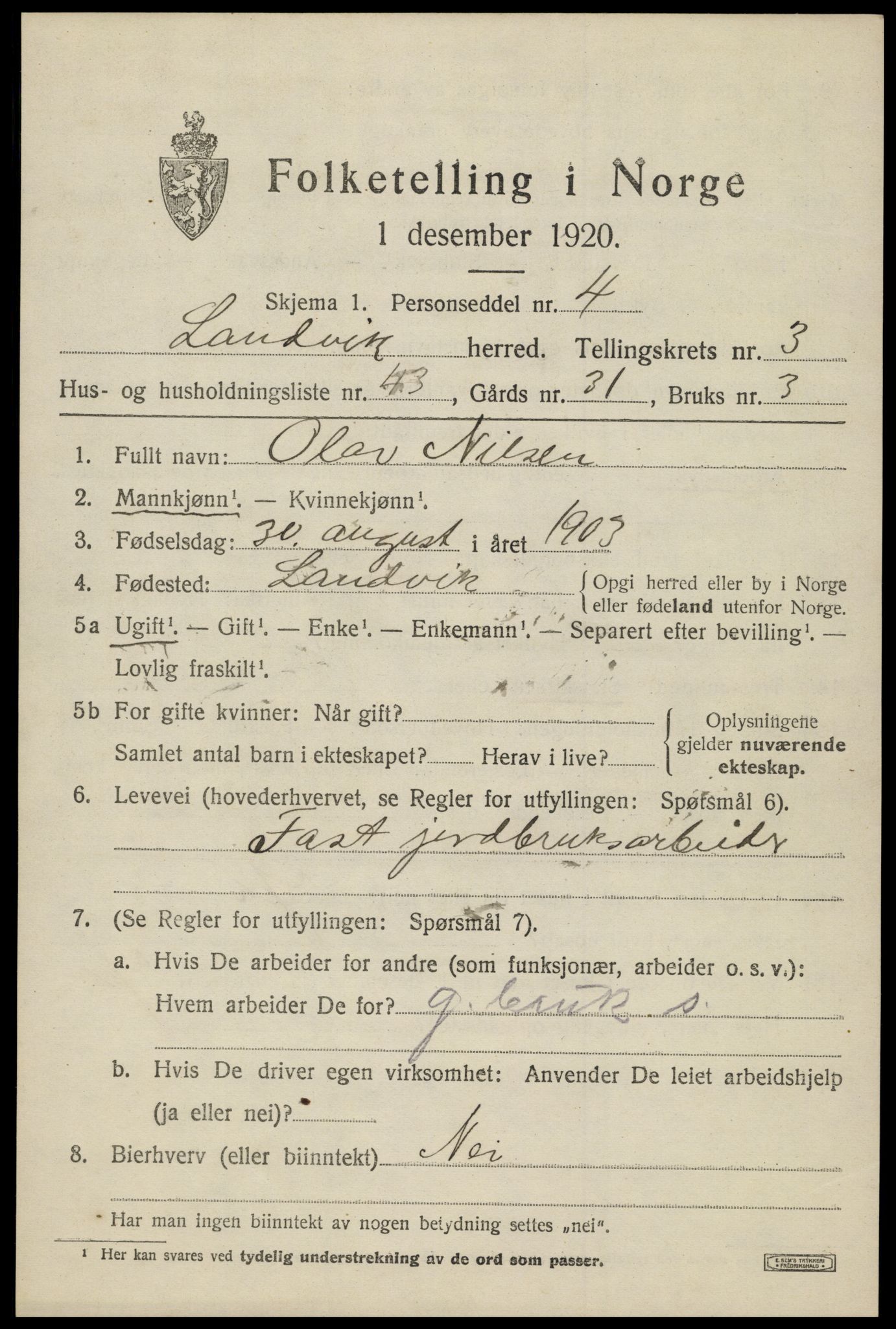 SAK, Folketelling 1920 for 0924 Landvik herred, 1920, s. 3324